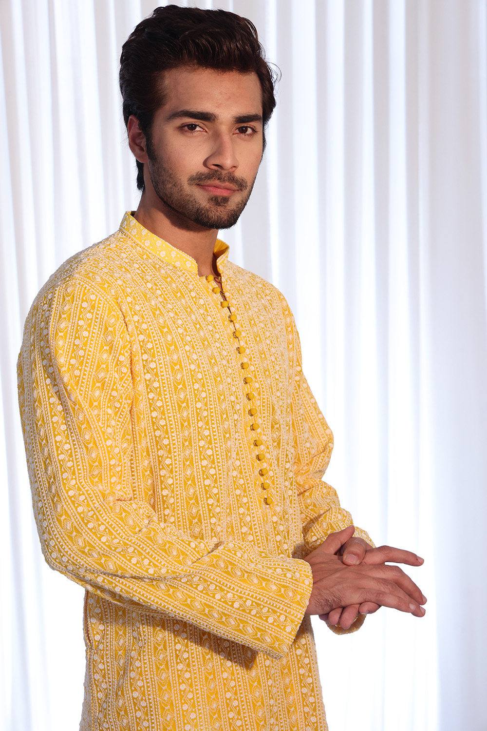 Orange-Yellow Geometric Embroidered Cotton Kurta (2-Piece) - Image 2