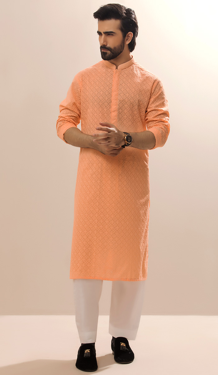 Wildfire Orange Embroidered Cotton-Silk Kurta (2-Piece) - Image 1