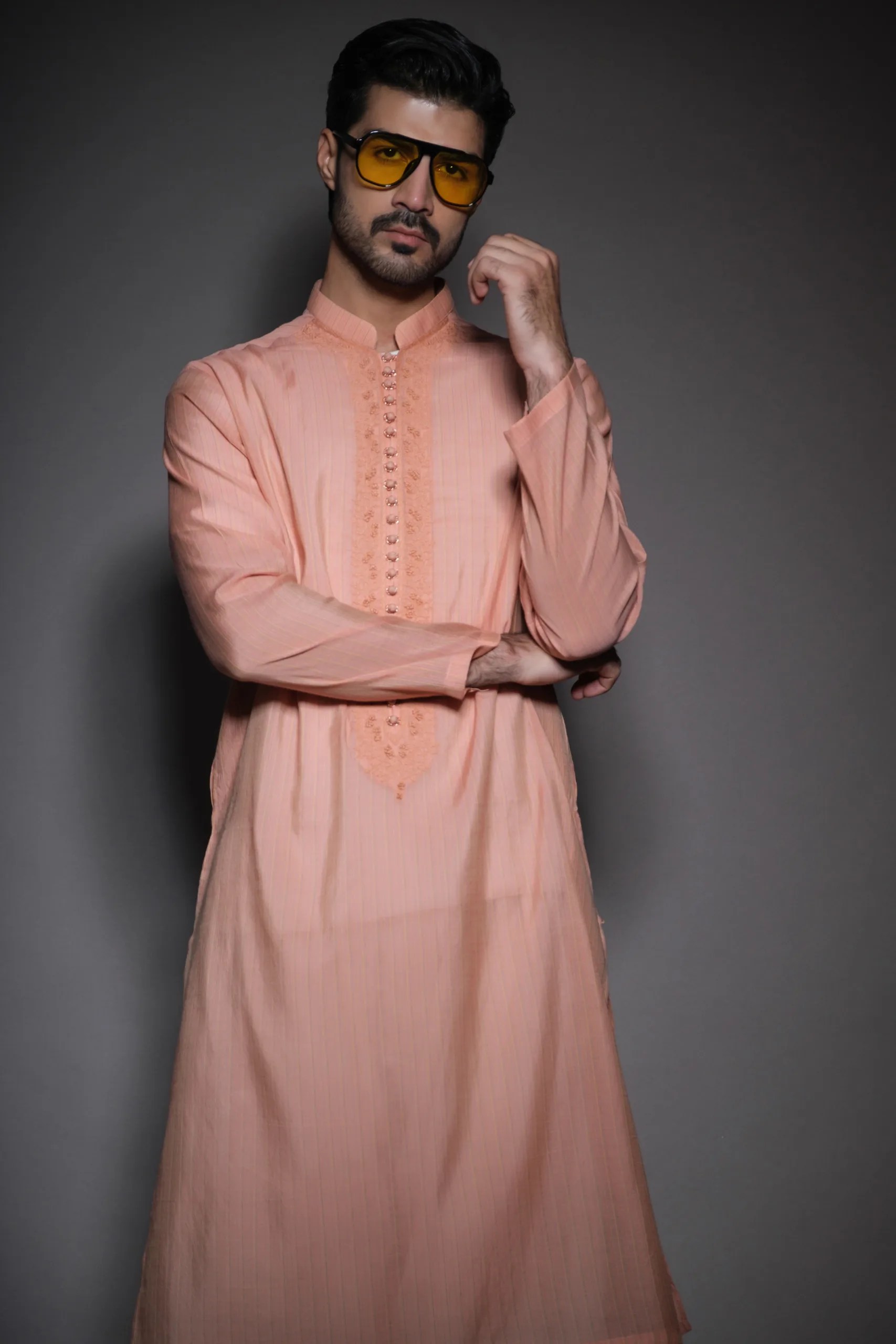 Cantaloupe Orange Embroidered Cotton Kurta (1-Pc) - Image 1