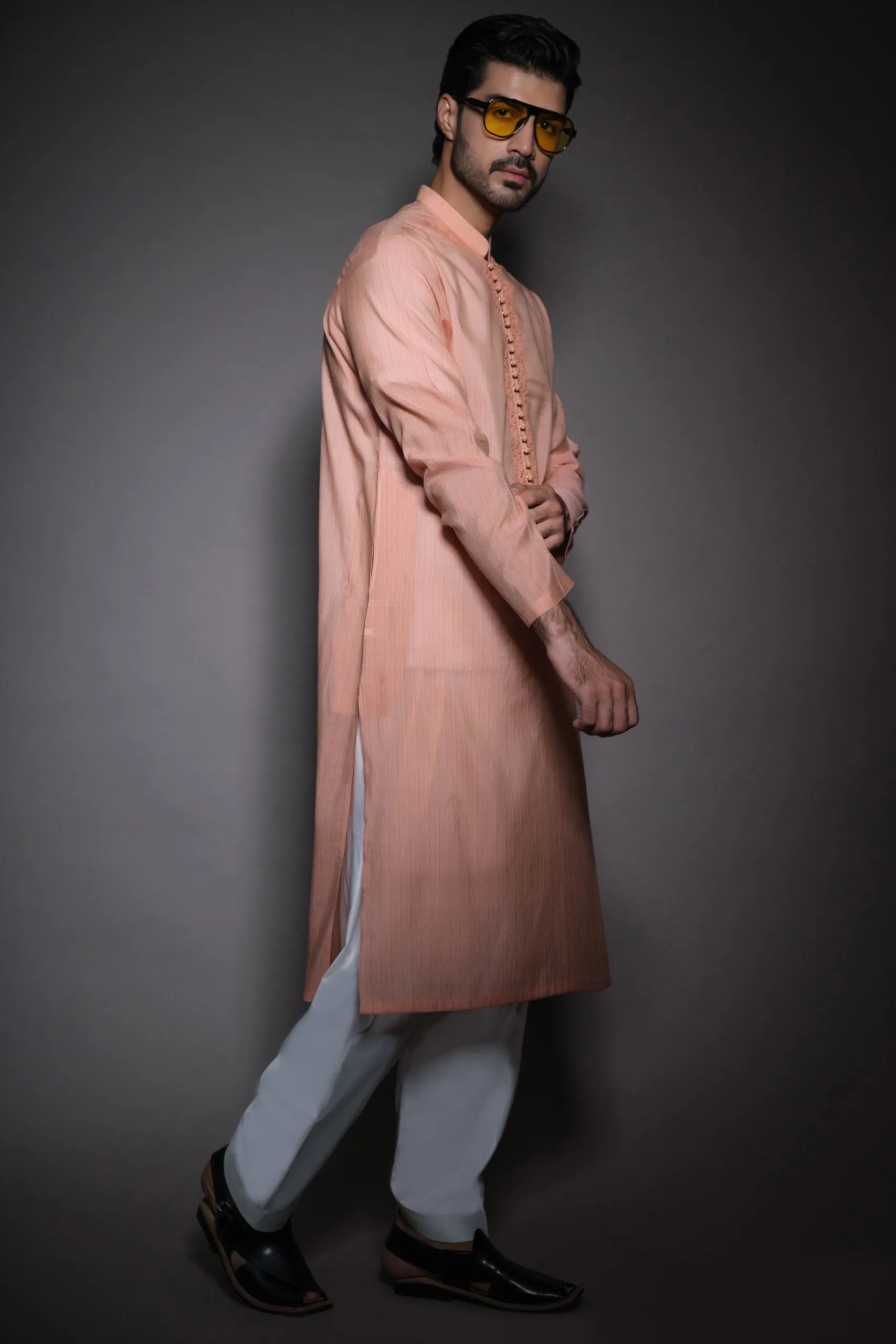 Cantaloupe Orange Embroidered Cotton Kurta (1-Pc) - Image 2