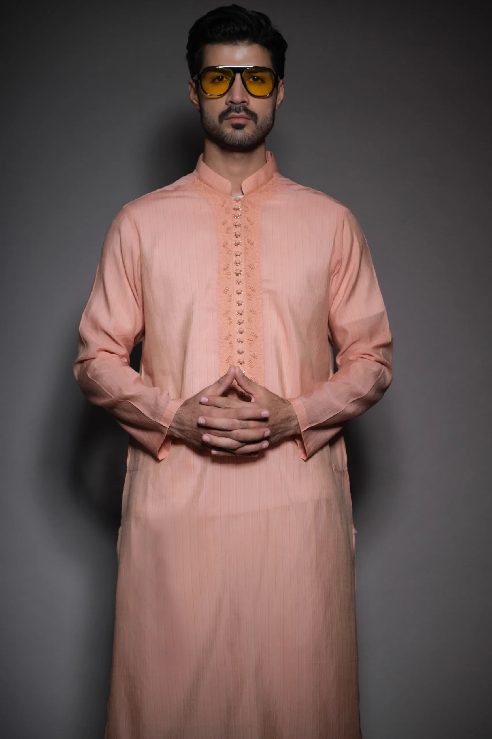 Cantaloupe Orange Embroidered Cotton Kurta (1-Pc) - Image 3