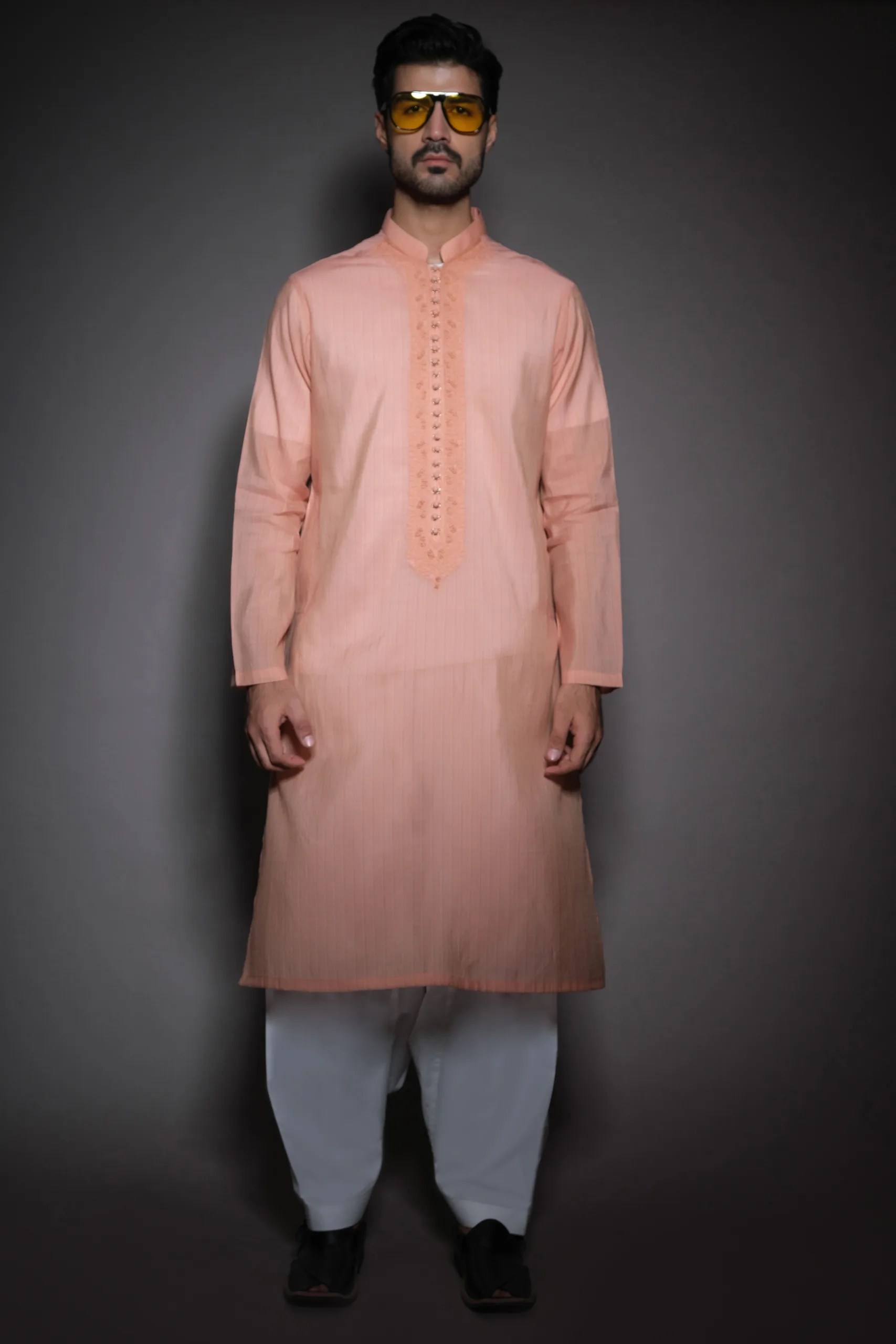Cantaloupe Orange Embroidered Cotton Kurta (1-Pc) - Image 4