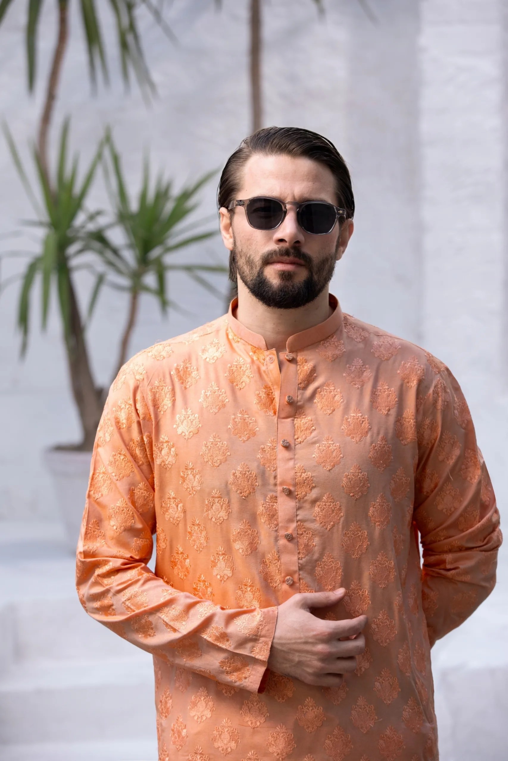 Fiery Orange Woven Motif Jacquard Kurta (2-Piece) - Image 1