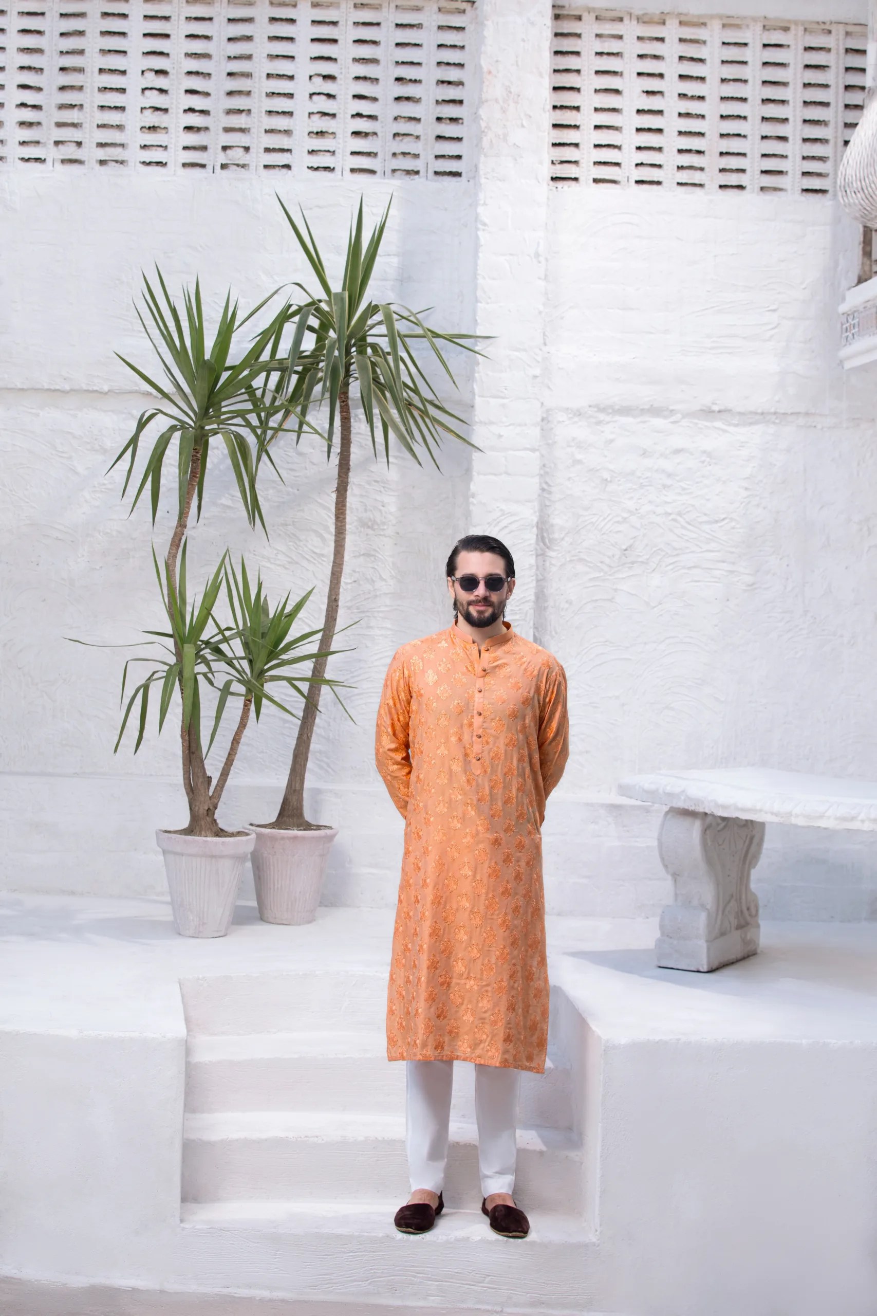 Fiery Orange Woven Motif Jacquard Kurta (2-Piece) - Image 2