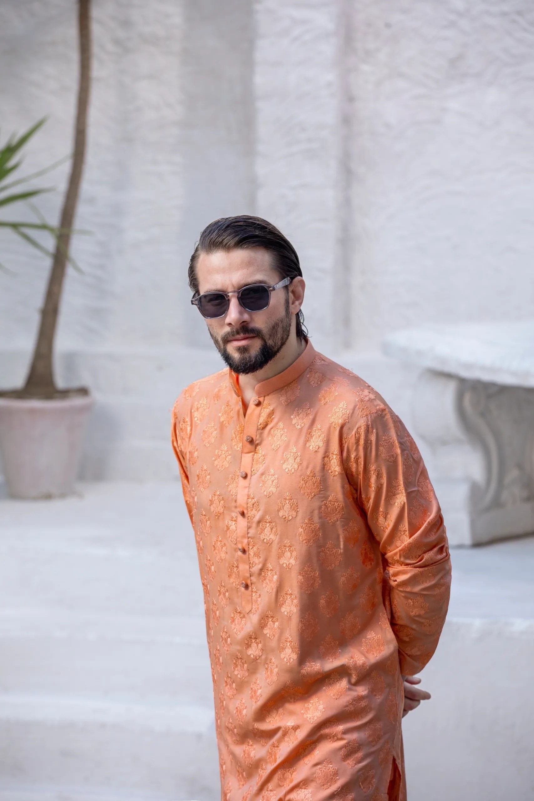 Fiery Orange Woven Motif Jacquard Kurta (2-Piece) - Image 3