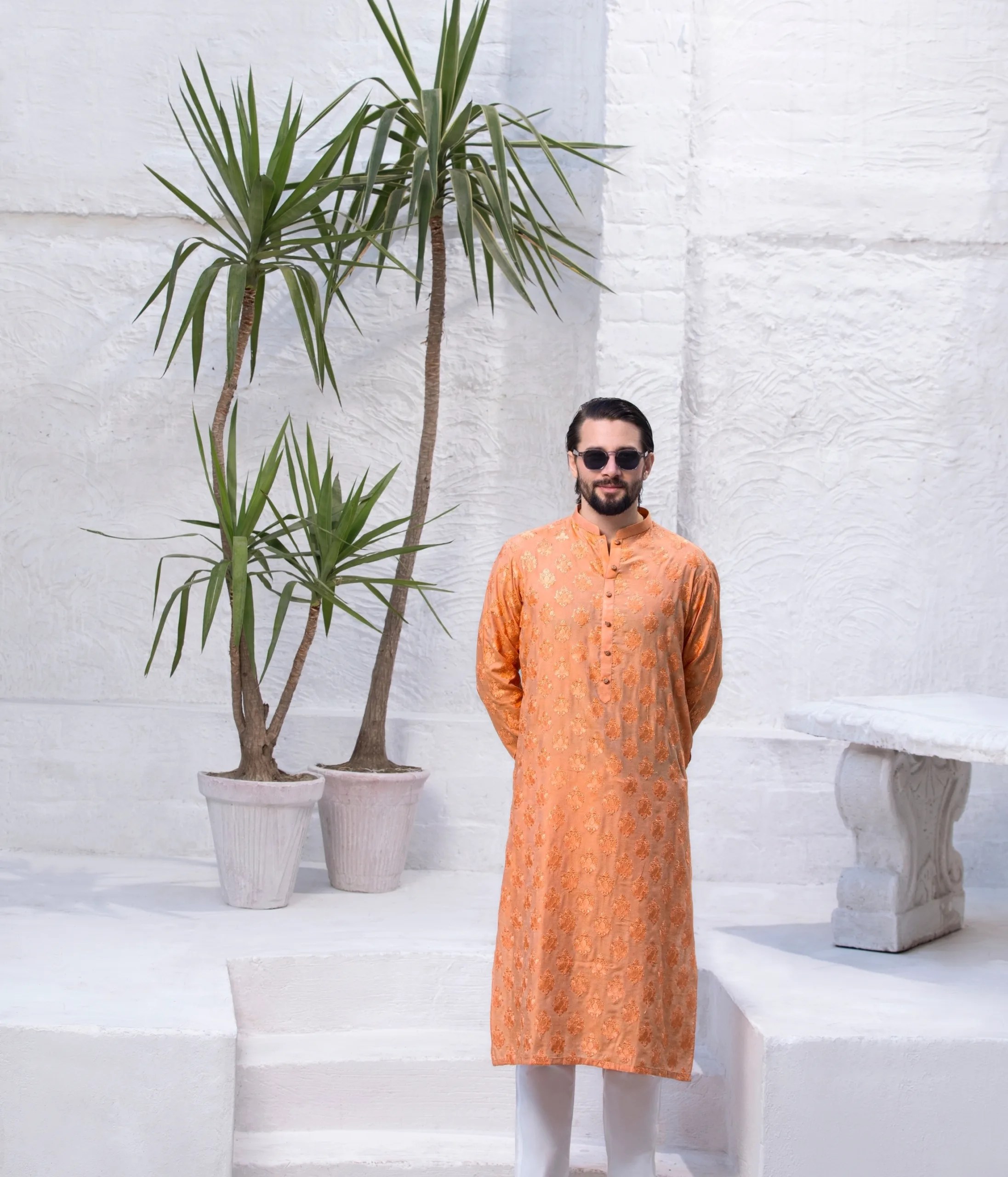 Fiery Orange Woven Motif Jacquard Kurta (2-Piece) - Image 4