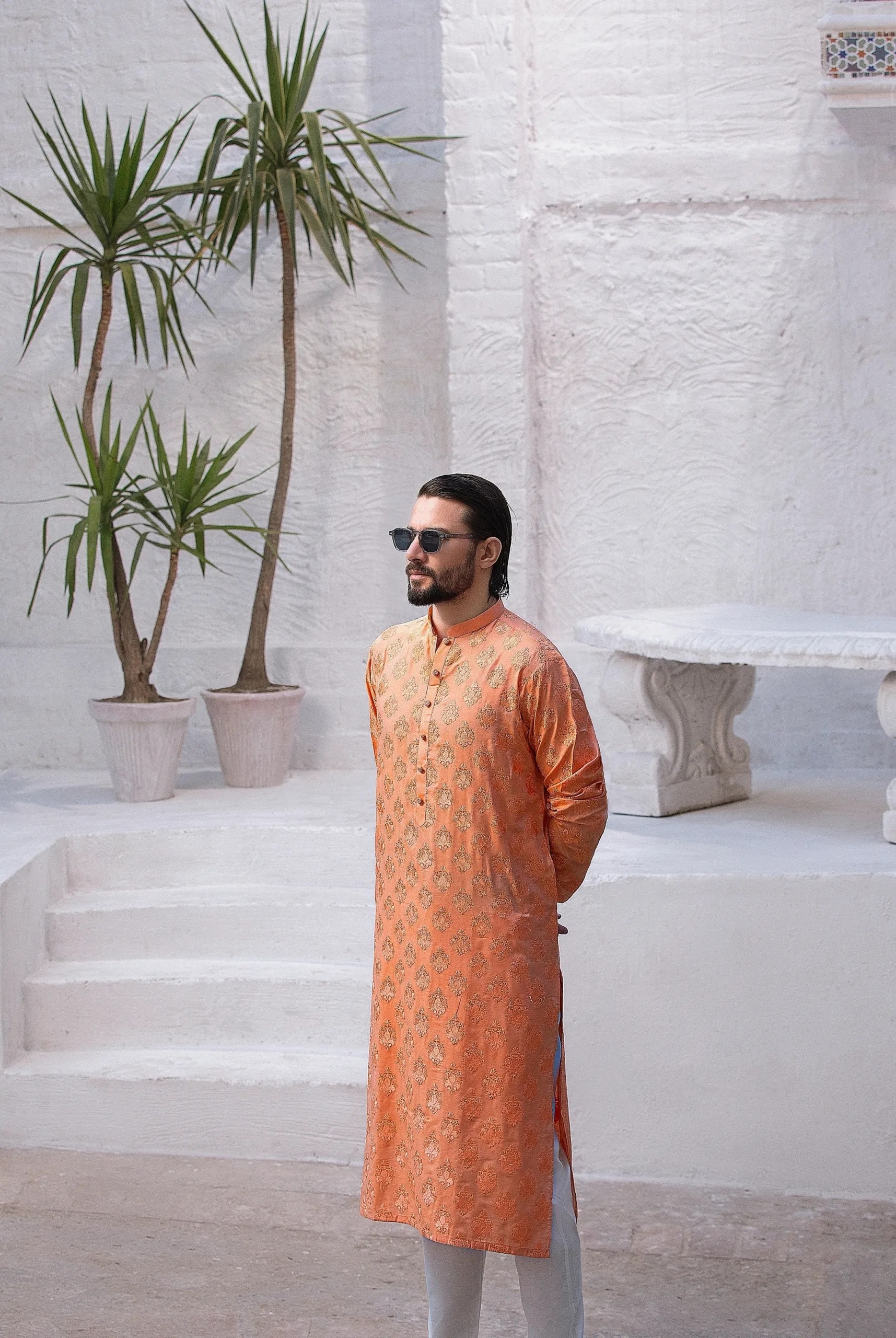 Fiery Orange Woven Motif Jacquard Kurta (2-Piece) - Image 5