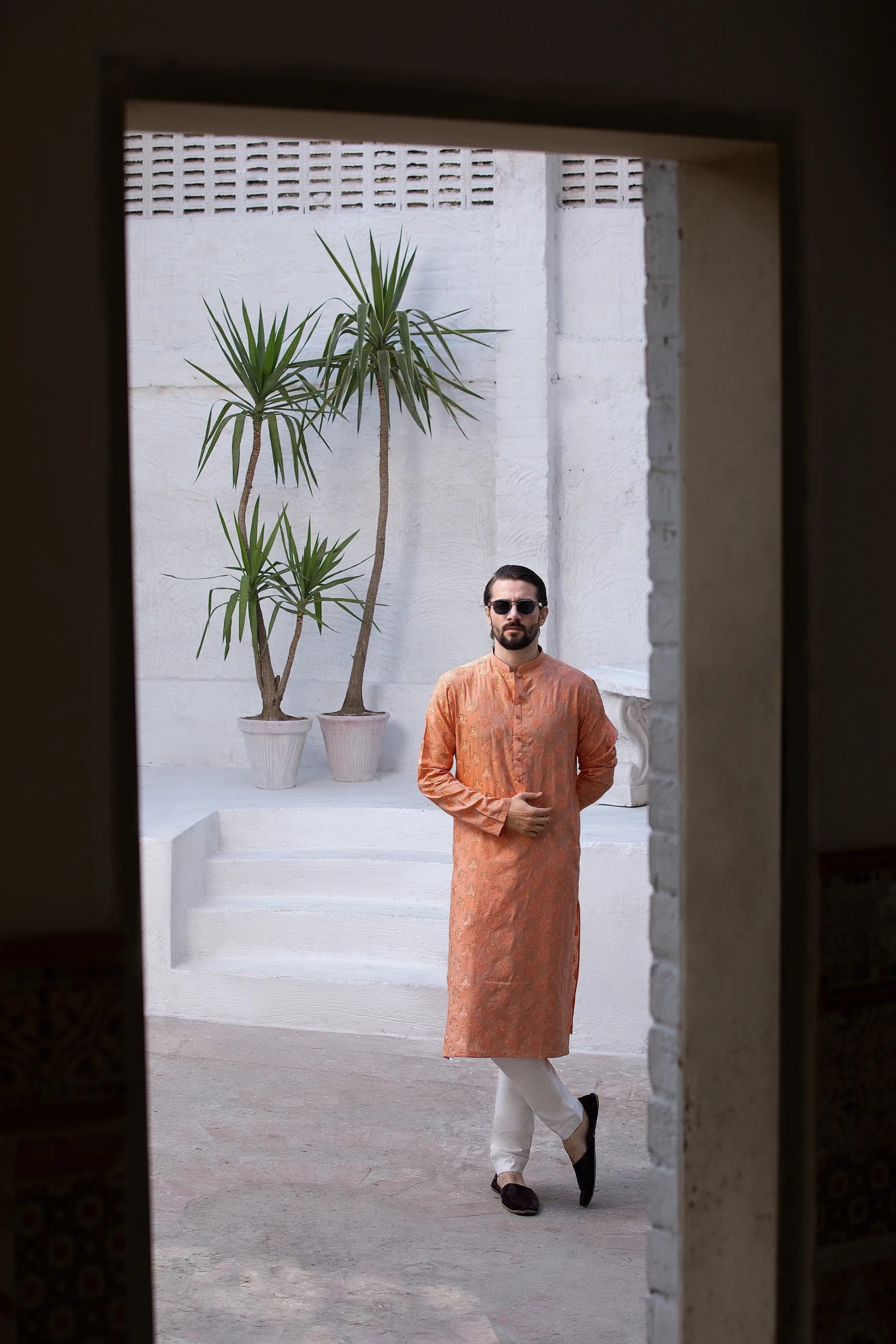 Fiery Orange Woven Motif Jacquard Kurta (2-Piece) - Image 6