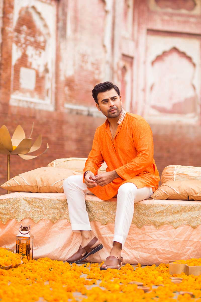 Bright Orange Salma Sitara Raw Silk Kurta (2-Piece) - Image 1