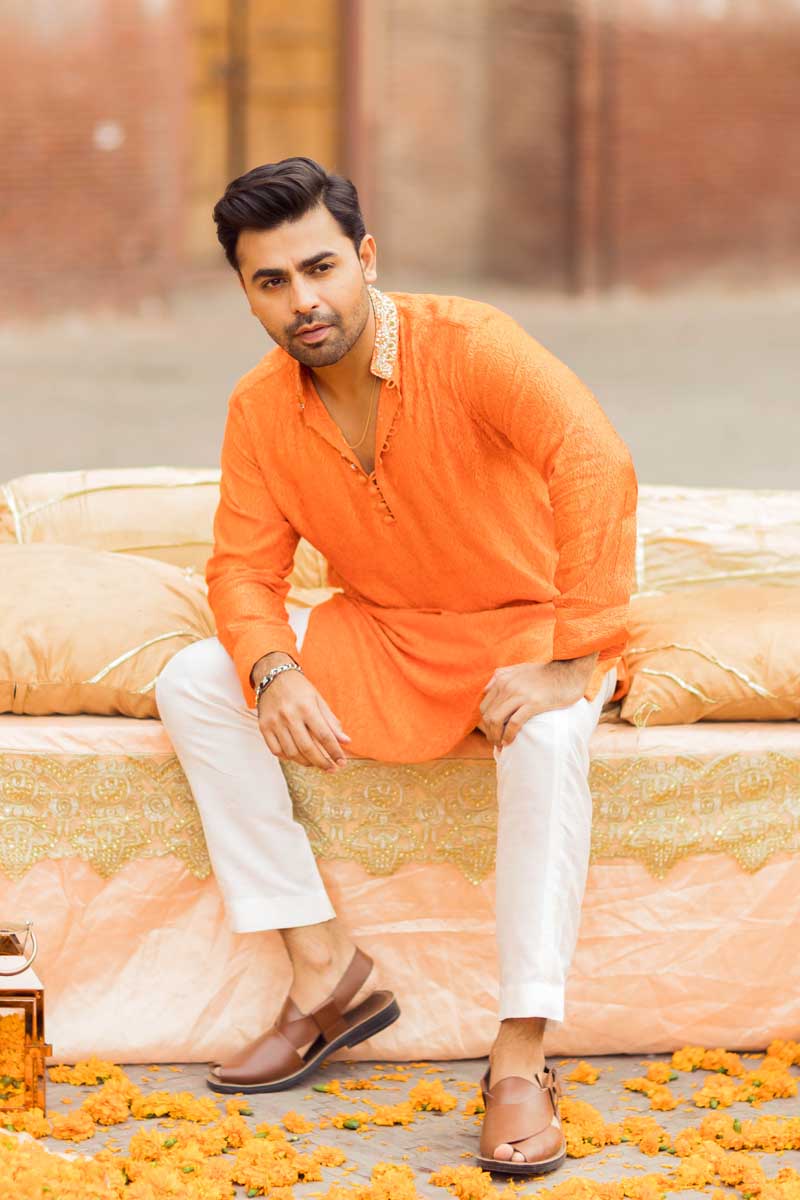 Bright Orange Salma Sitara Raw Silk Kurta (2-Piece) - Image 3