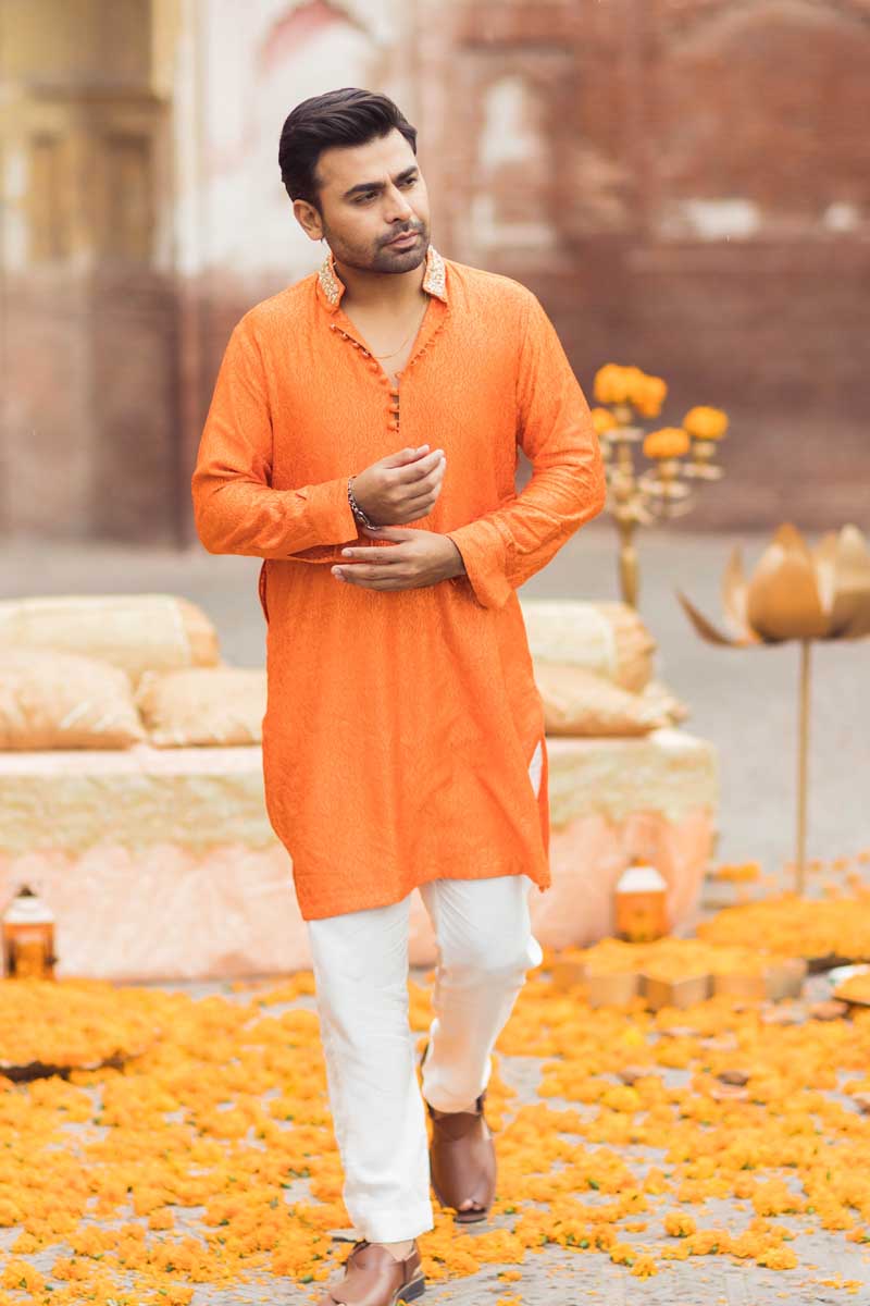 Bright Orange Salma Sitara Raw Silk Kurta (2-Piece) - Image 4