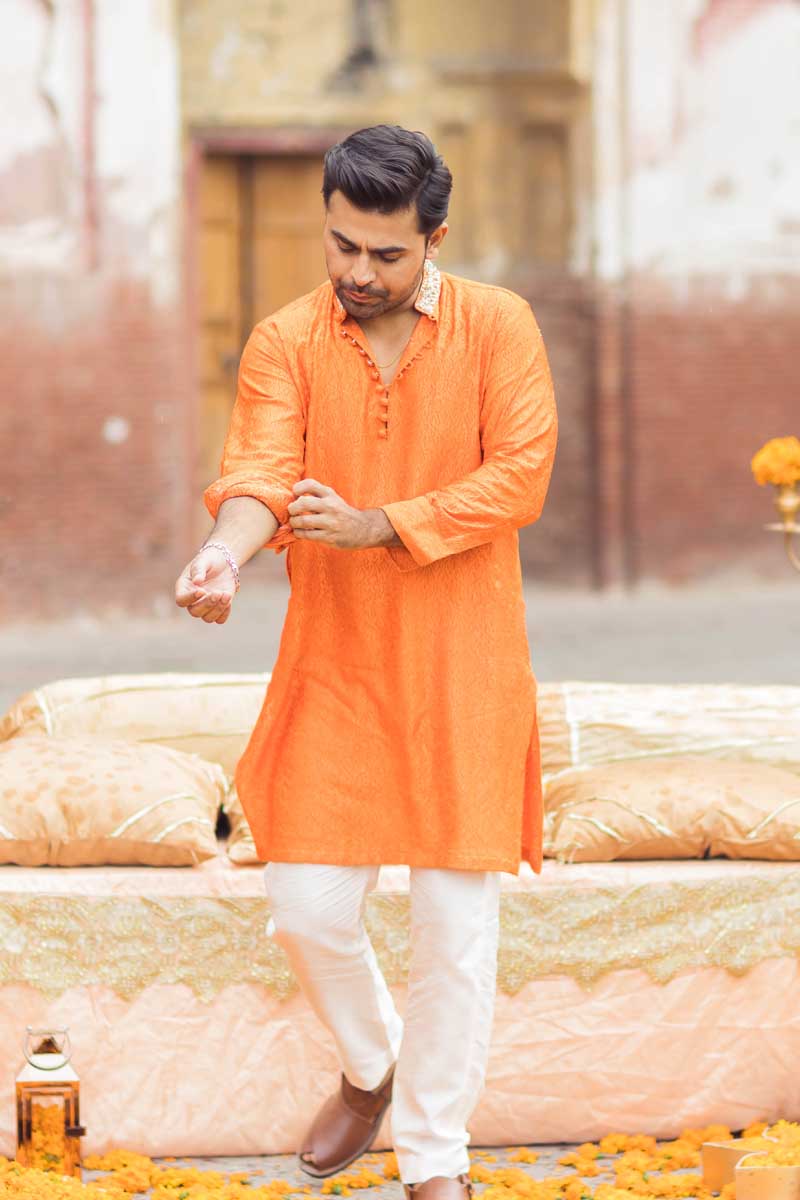 Bright Orange Salma Sitara Raw Silk Kurta (2-Piece) - Image 5