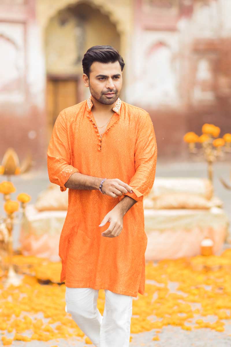 Bright Orange Salma Sitara Raw Silk Kurta (2-Piece) - Image 6