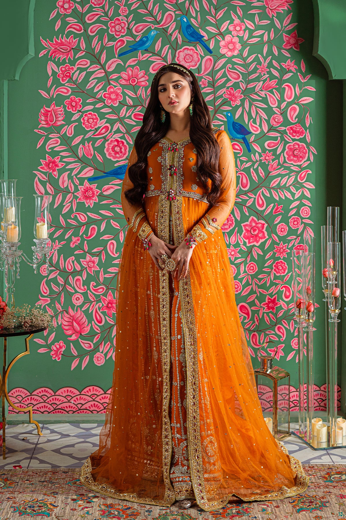 Pakistani Orange Adda Work Chiffon Net Frock (3-Piece) - Image 1