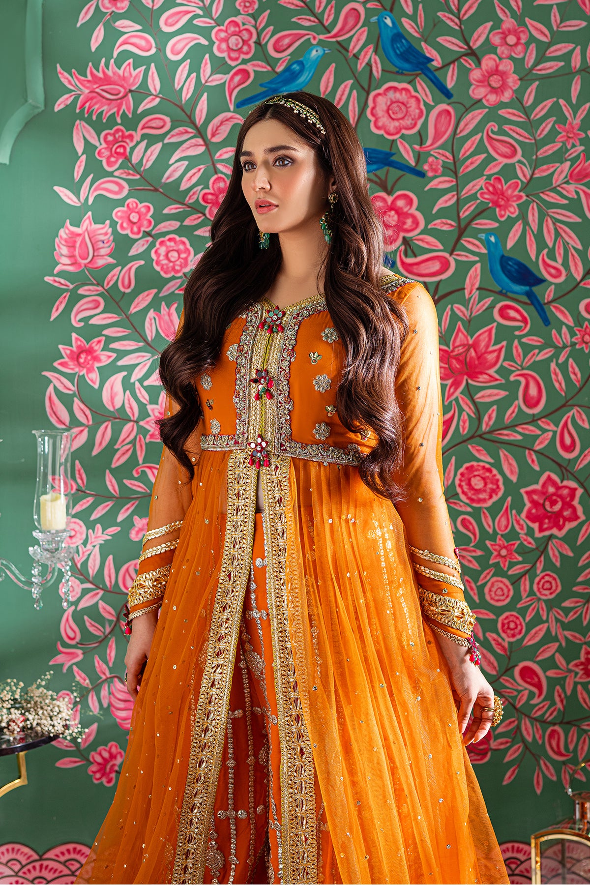 Pakistani Orange Adda Work Chiffon Net Frock (3-Piece) - Image 2