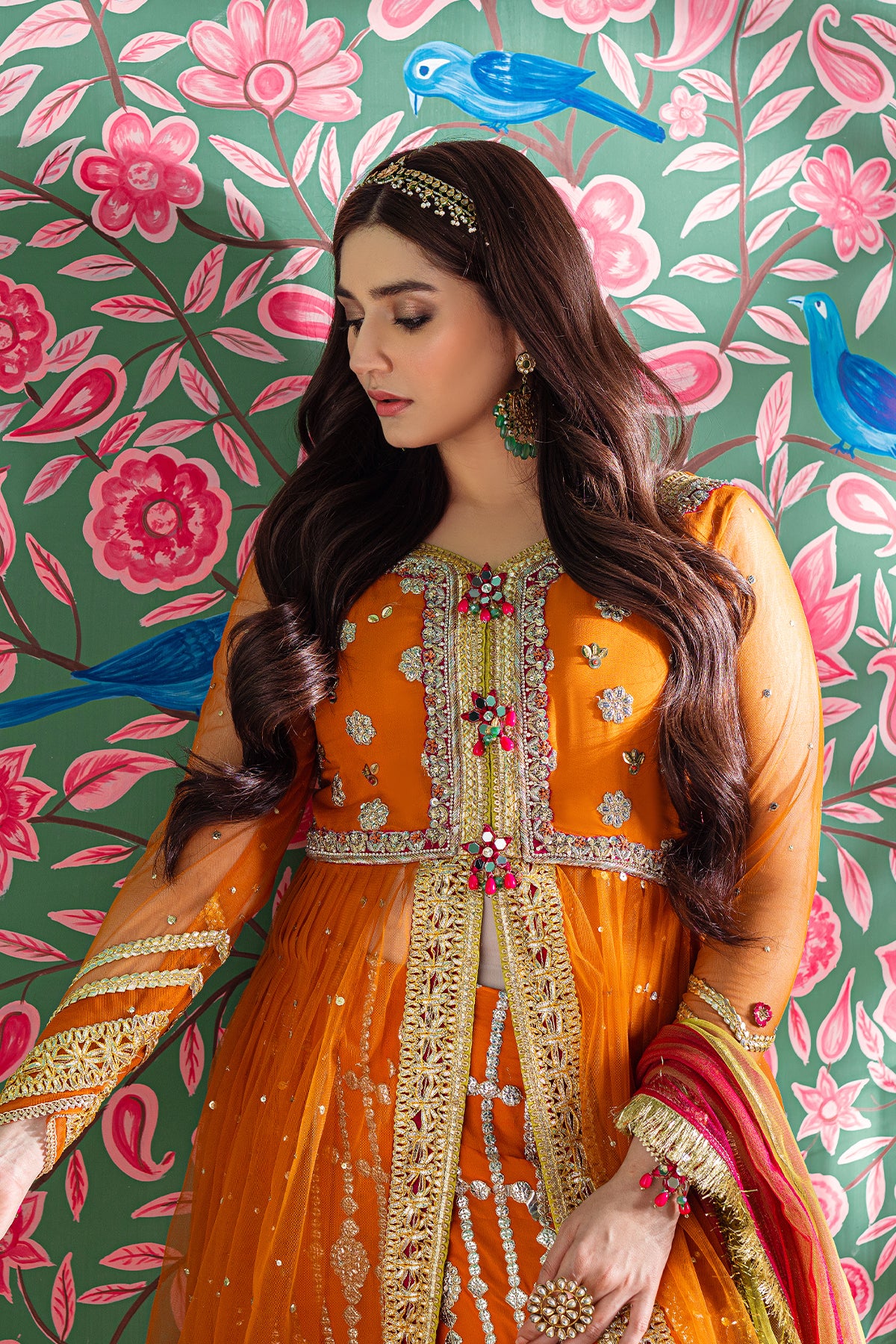 Pakistani Orange Adda Work Chiffon Net Frock (3-Piece) - Image 3