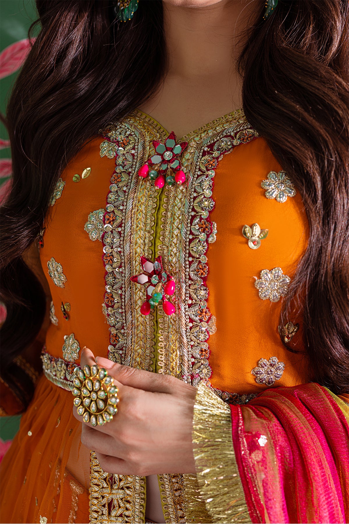 Pakistani Orange Adda Work Chiffon Net Frock (3-Piece) - Image 4