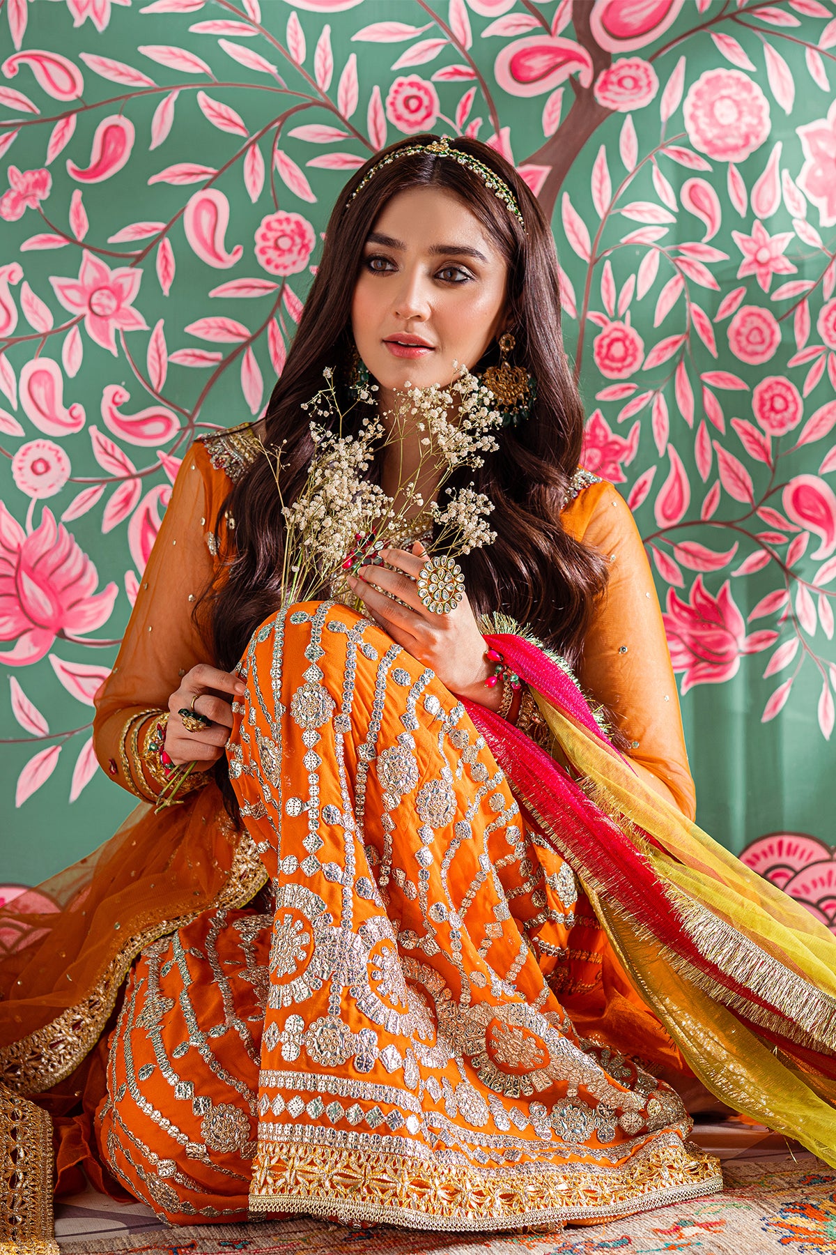 Pakistani Orange Adda Work Chiffon Net Frock (3-Piece) - Image 5