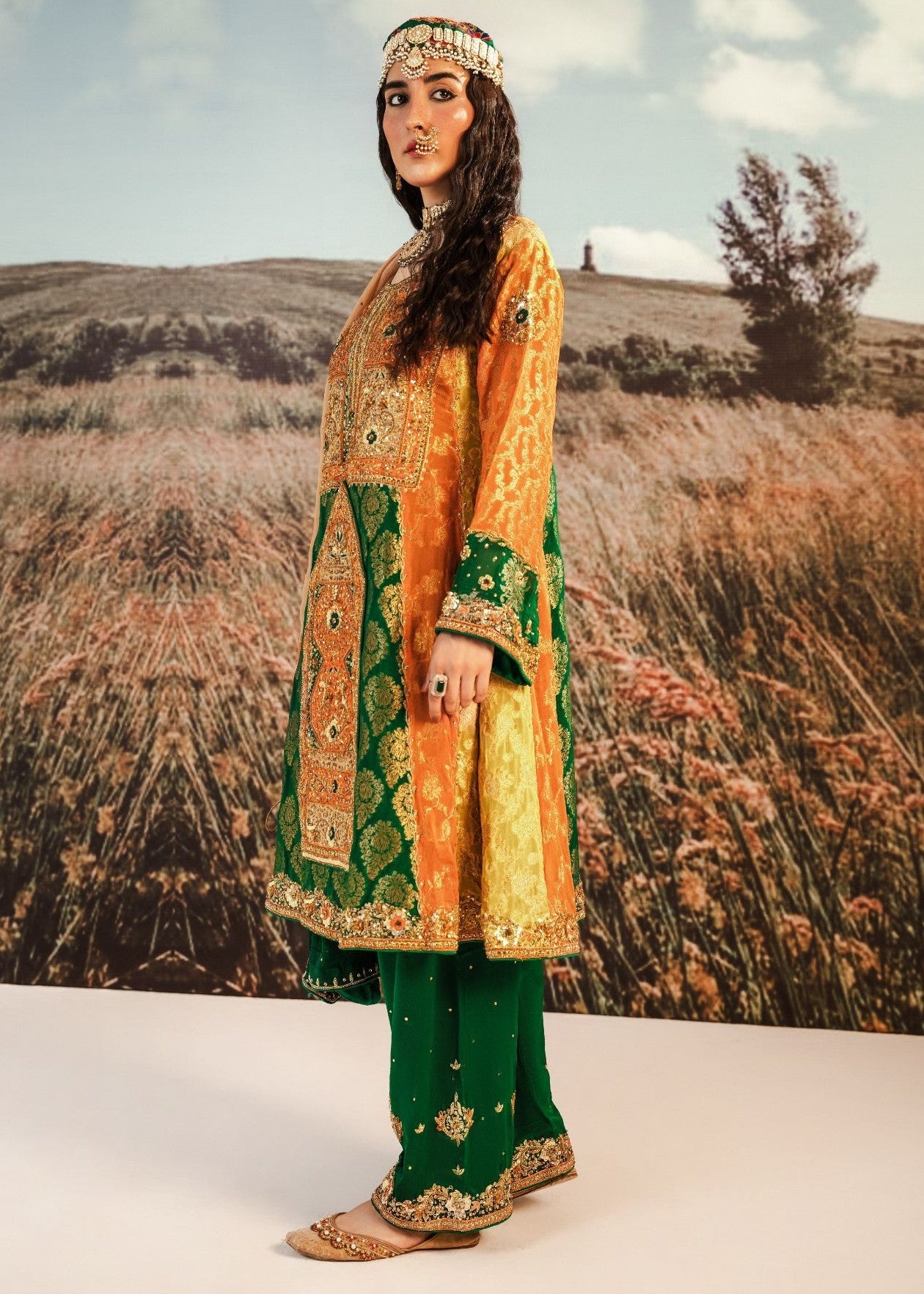 Pakistani Orange Green Embroidered Jamawar Short Frock (3-Piece) - Image 1