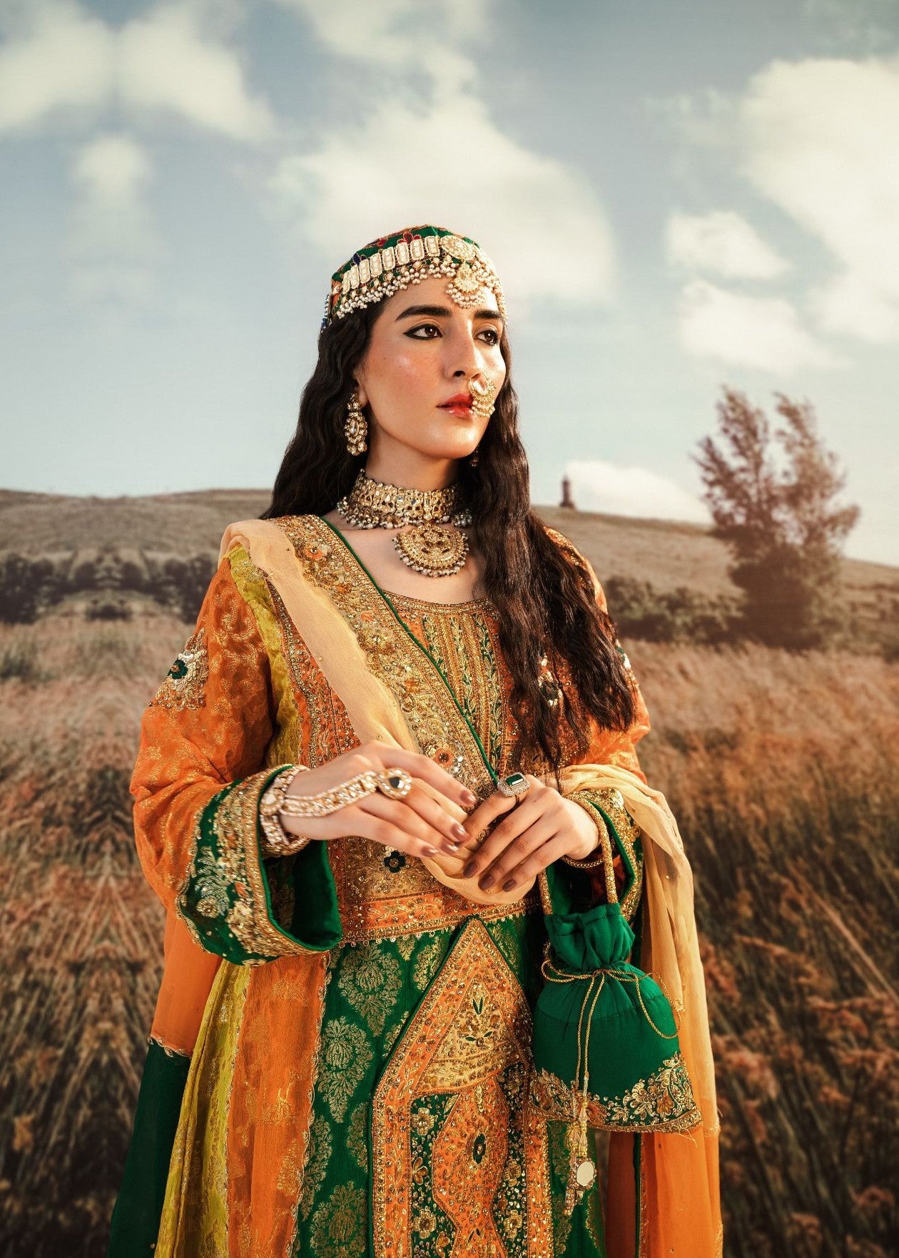 Pakistani Orange Green Embroidered Jamawar Short Frock (3-Piece) - Image 2