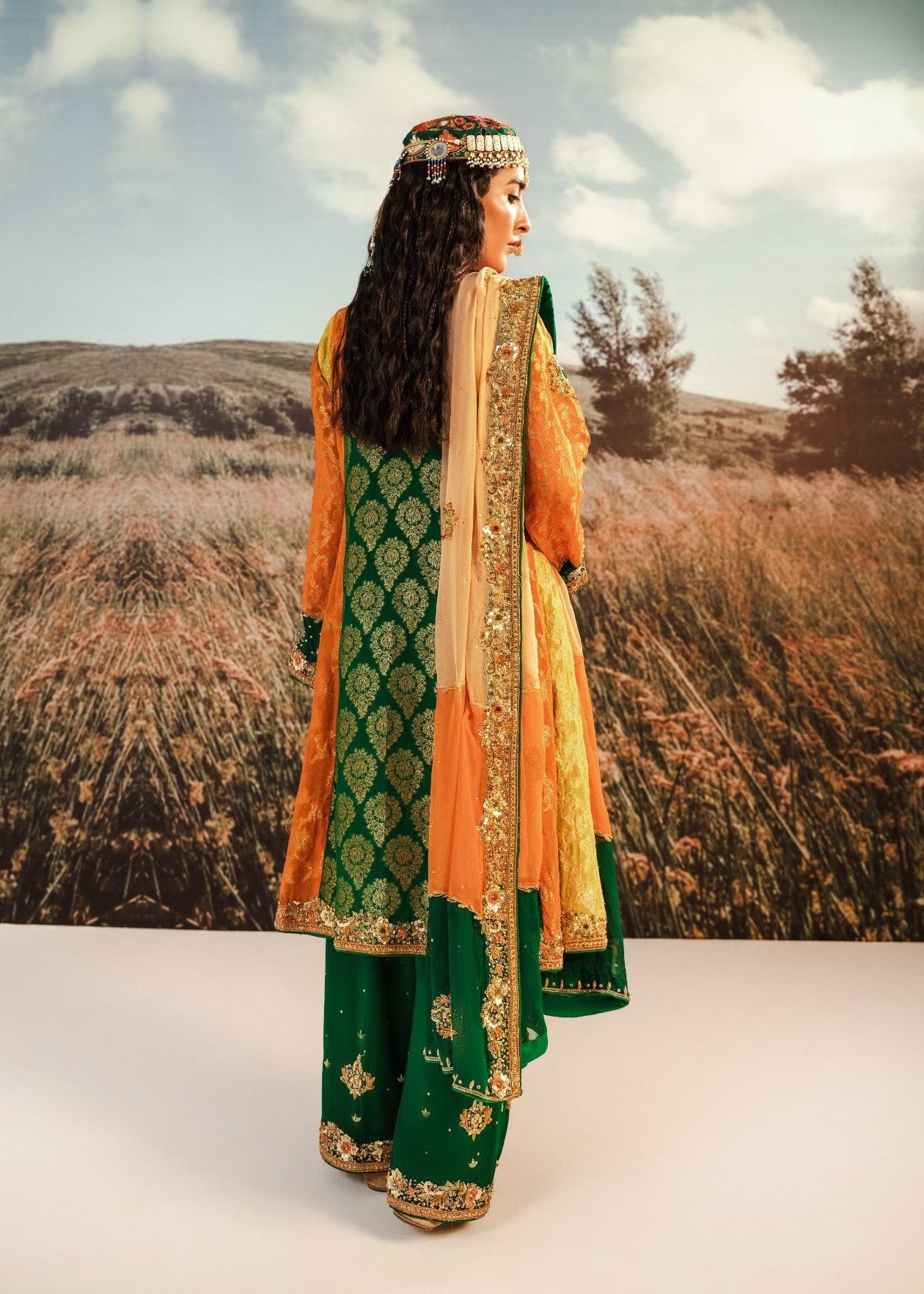 Pakistani Orange Green Embroidered Jamawar Short Frock (3-Piece) - Image 3