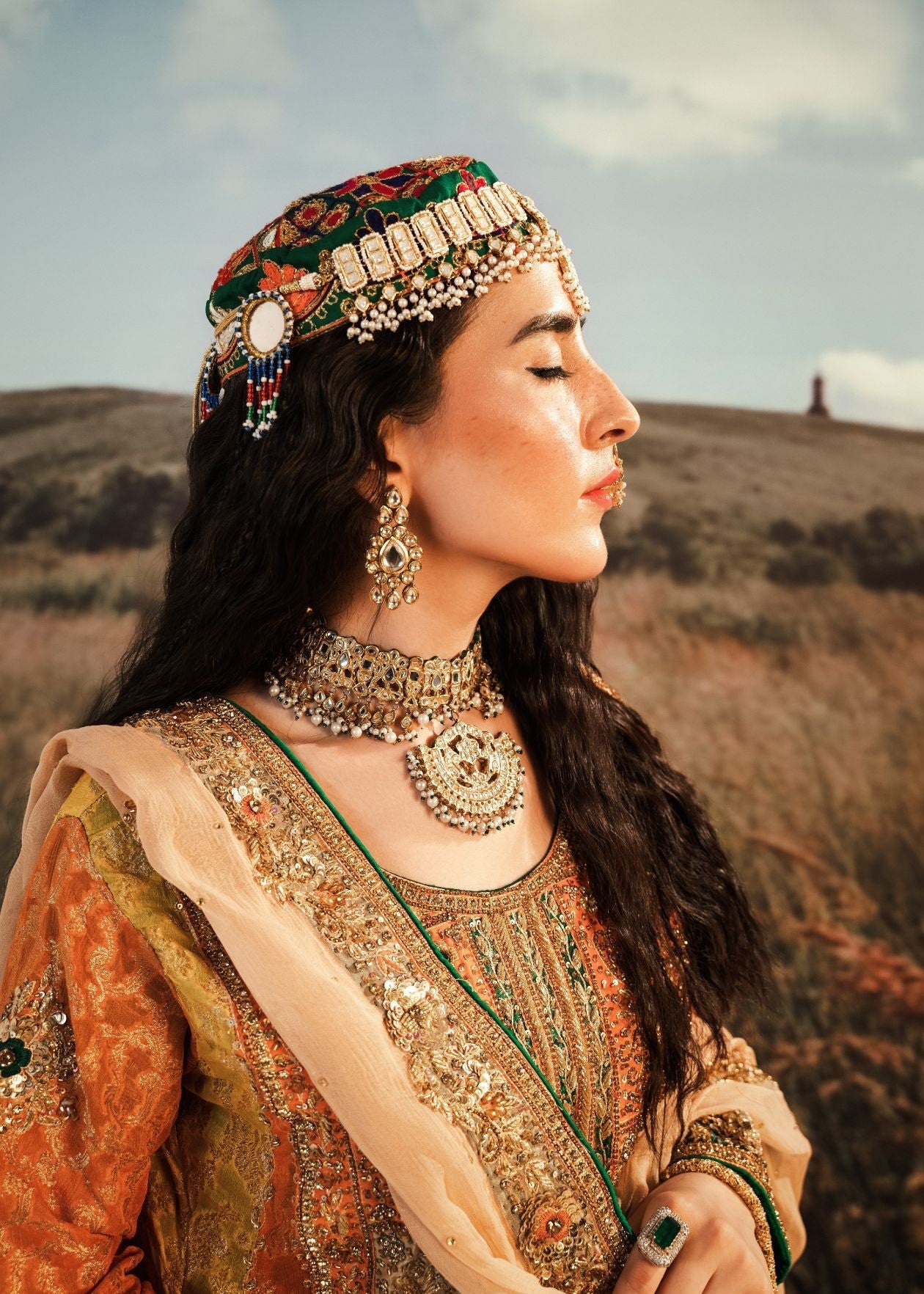 Pakistani Orange Green Embroidered Jamawar Short Frock (3-Piece) - Image 4