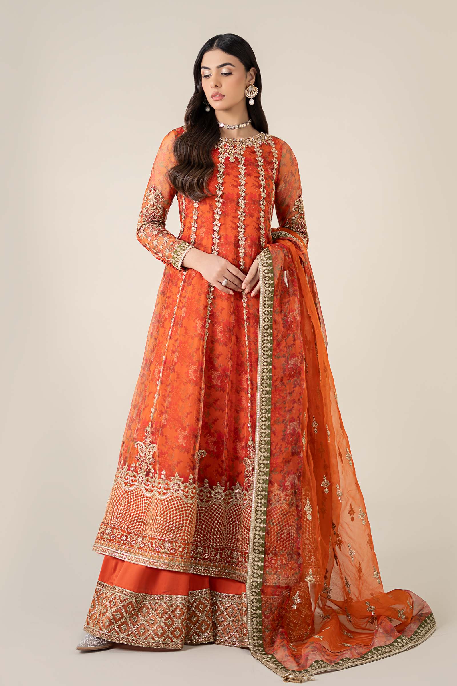 Orange Hand-Embellished Organza Frock (3-Piece) - Image 1