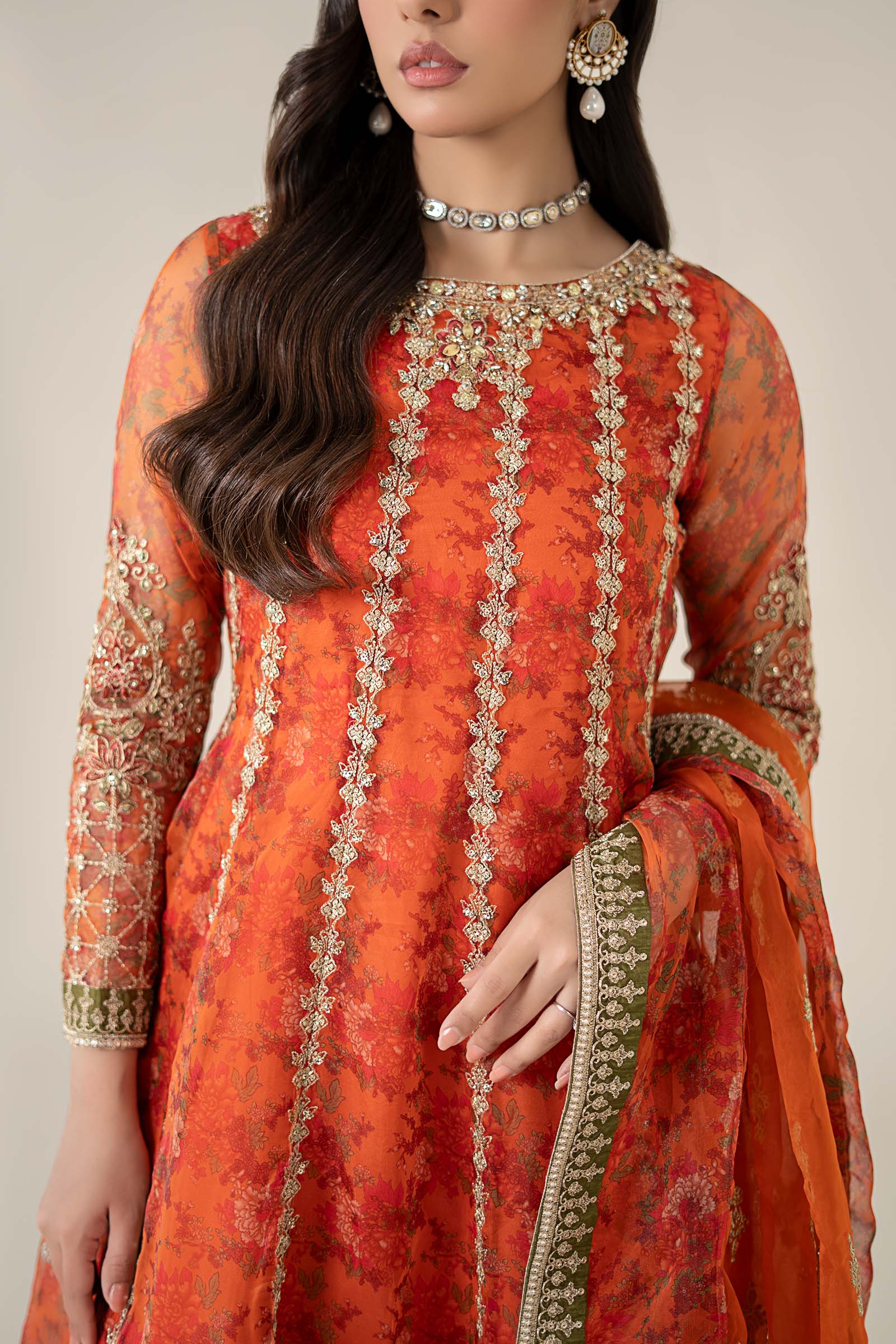 Orange Hand-Embellished Organza Frock (3-Piece) - Image 3