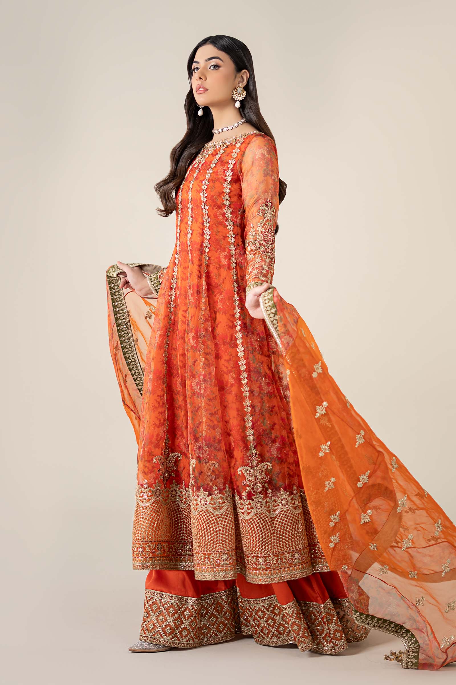 Orange Hand-Embellished Organza Frock (3-Piece) - Image 4