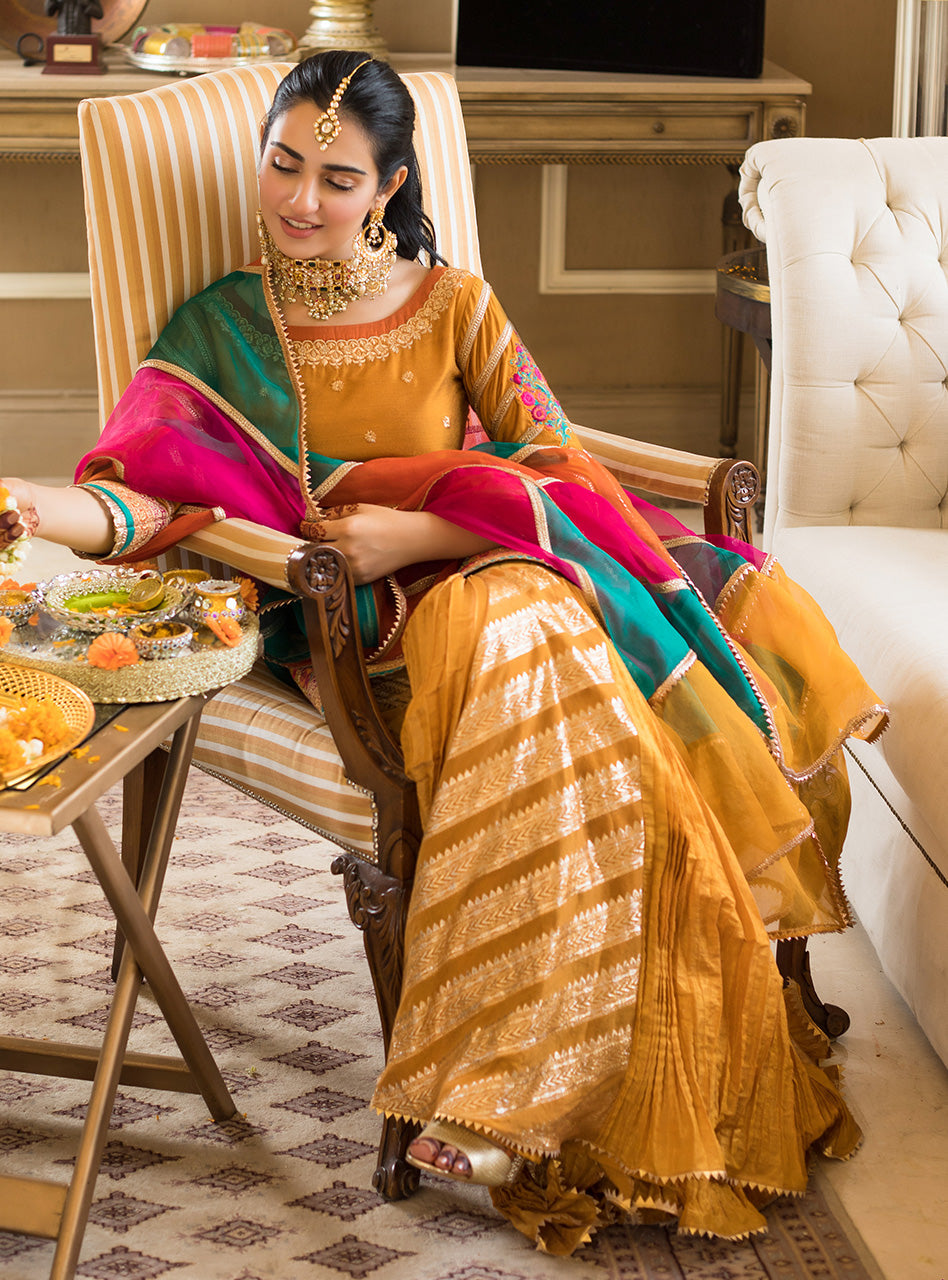 Pakistani Saffron Embroidered Cotton Silk Gharara (3-Piece) - Image 3