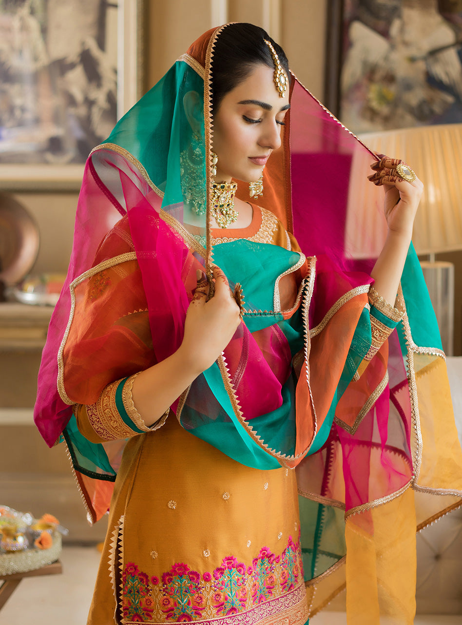 Pakistani Saffron Embroidered Cotton Silk Gharara (3-Piece) - Image 4