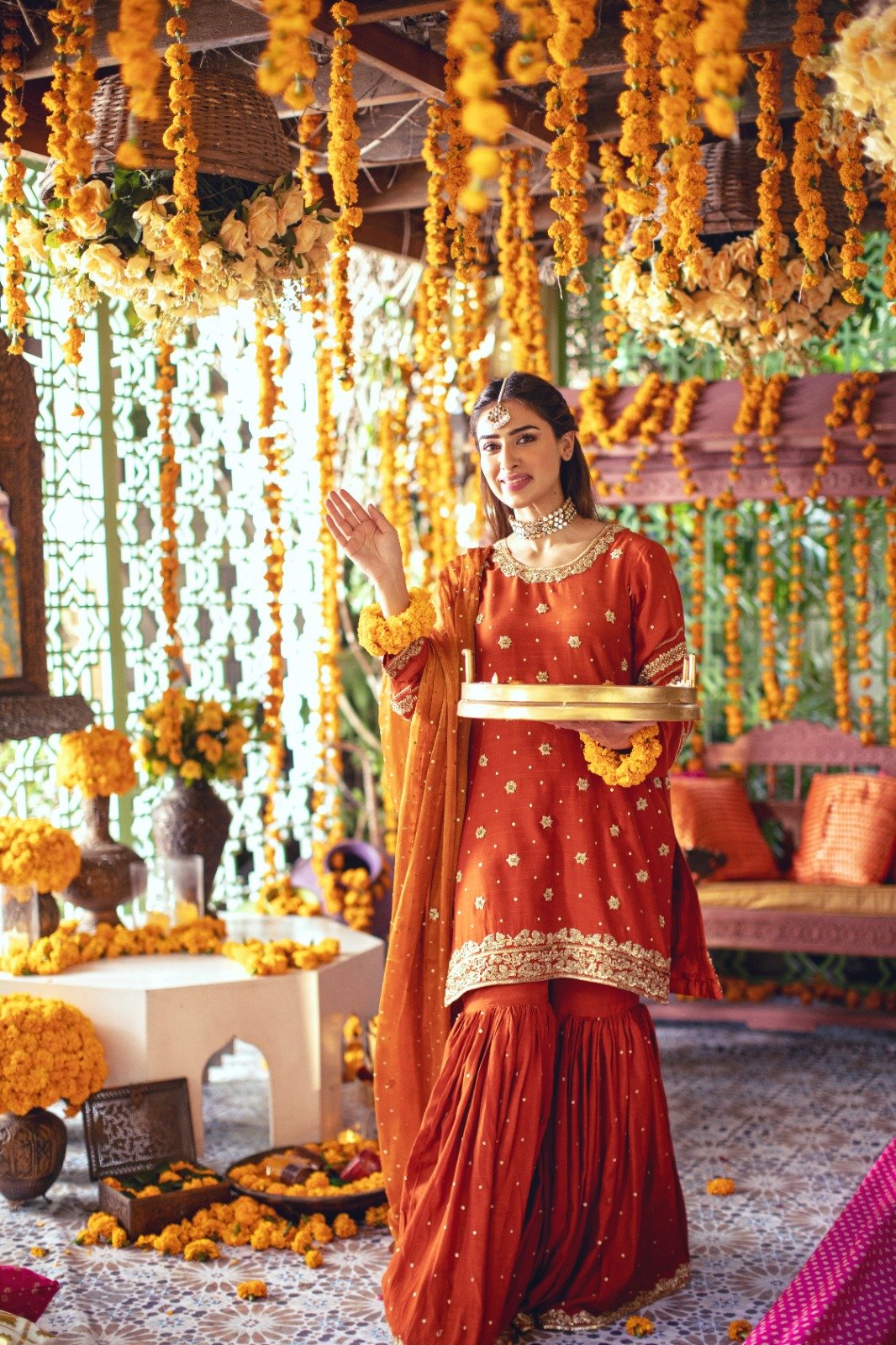 Burnt Orange Zardozi Karandi Silk Gharara (3-Piece) - Image 1