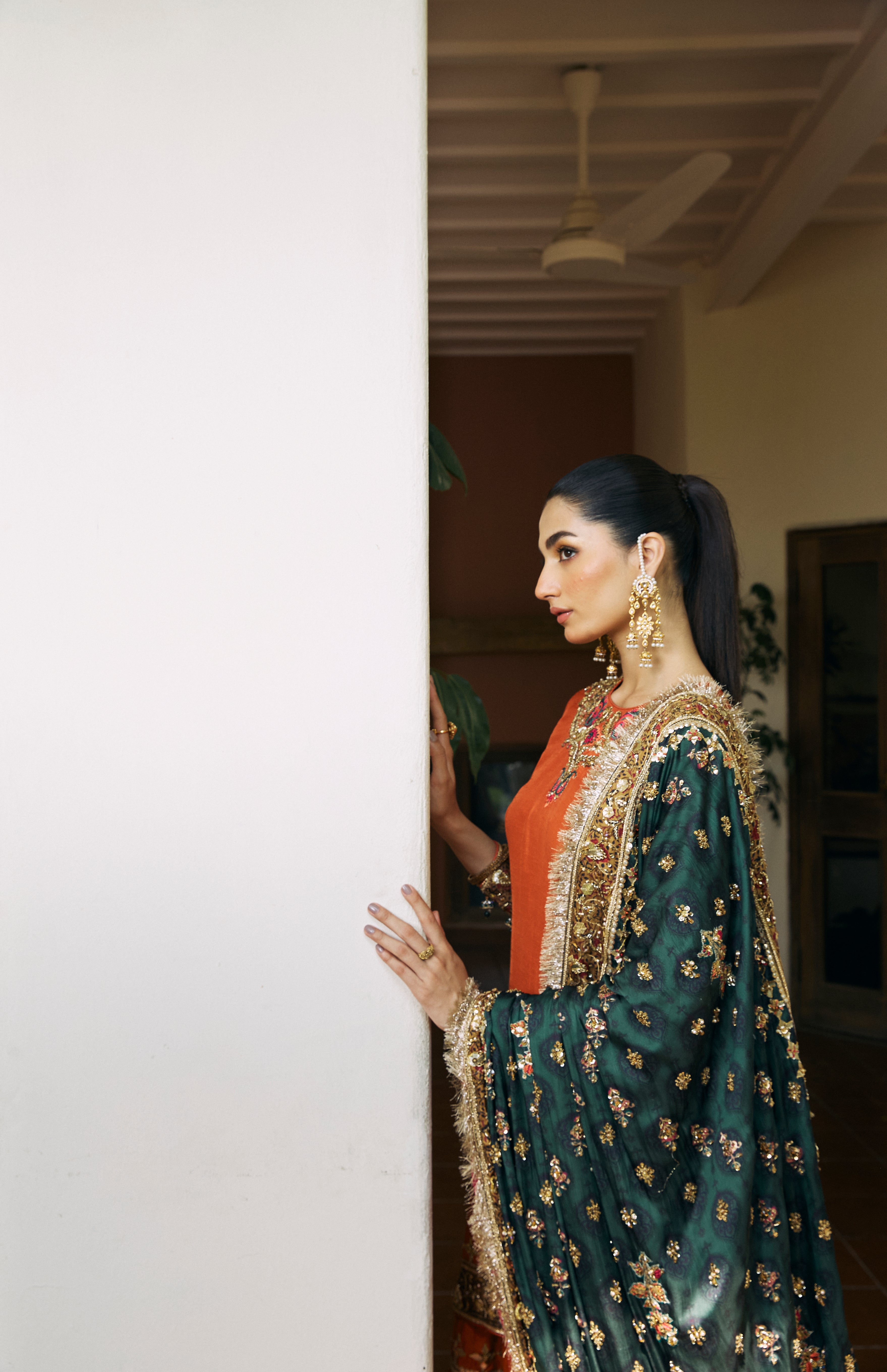 Burnt Orange Embroidered Korean Raw Silk Gharara (3-Piece) - Image 1