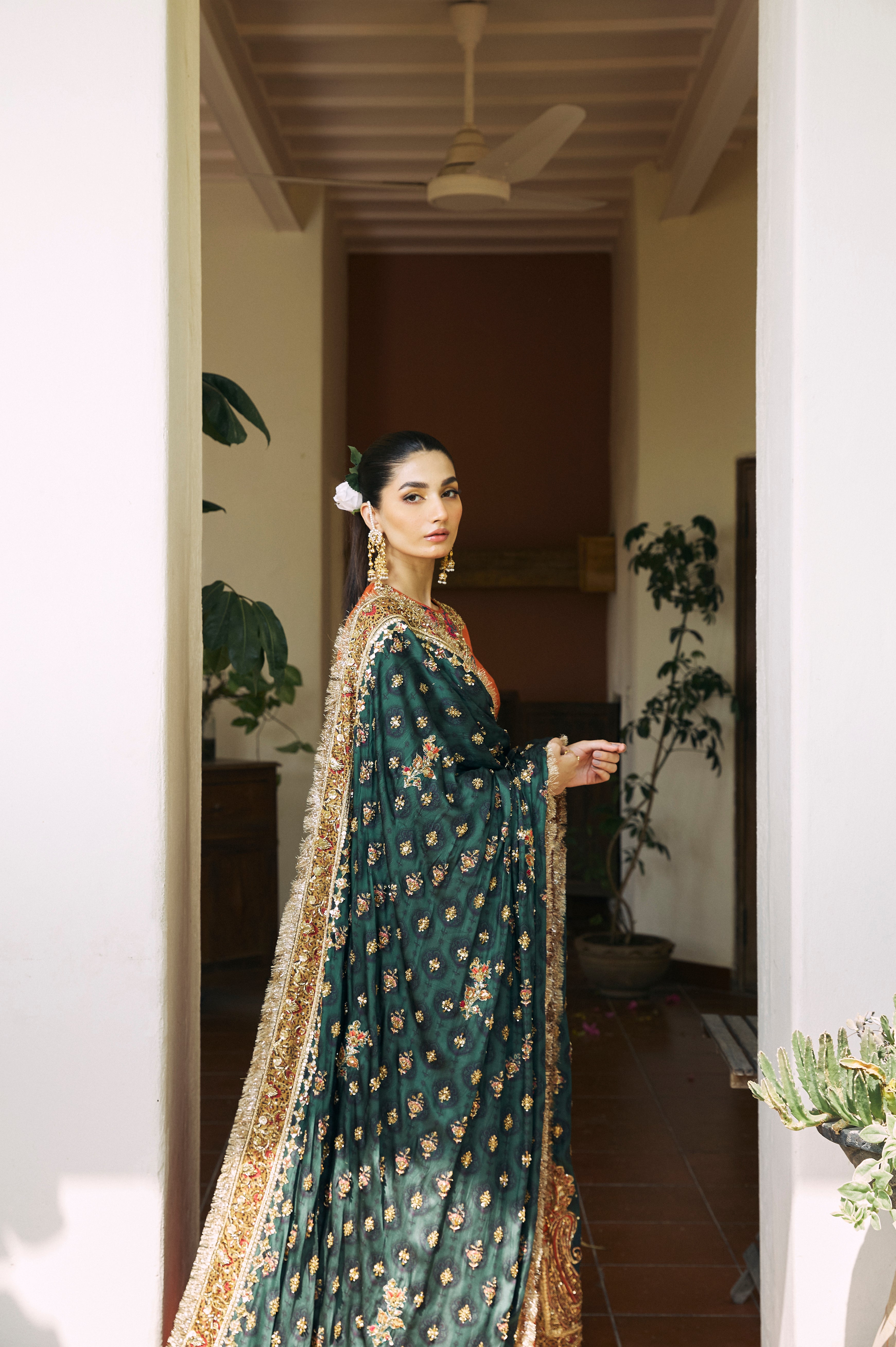 Burnt Orange Embroidered Korean Raw Silk Gharara (3-Piece) - Image 2