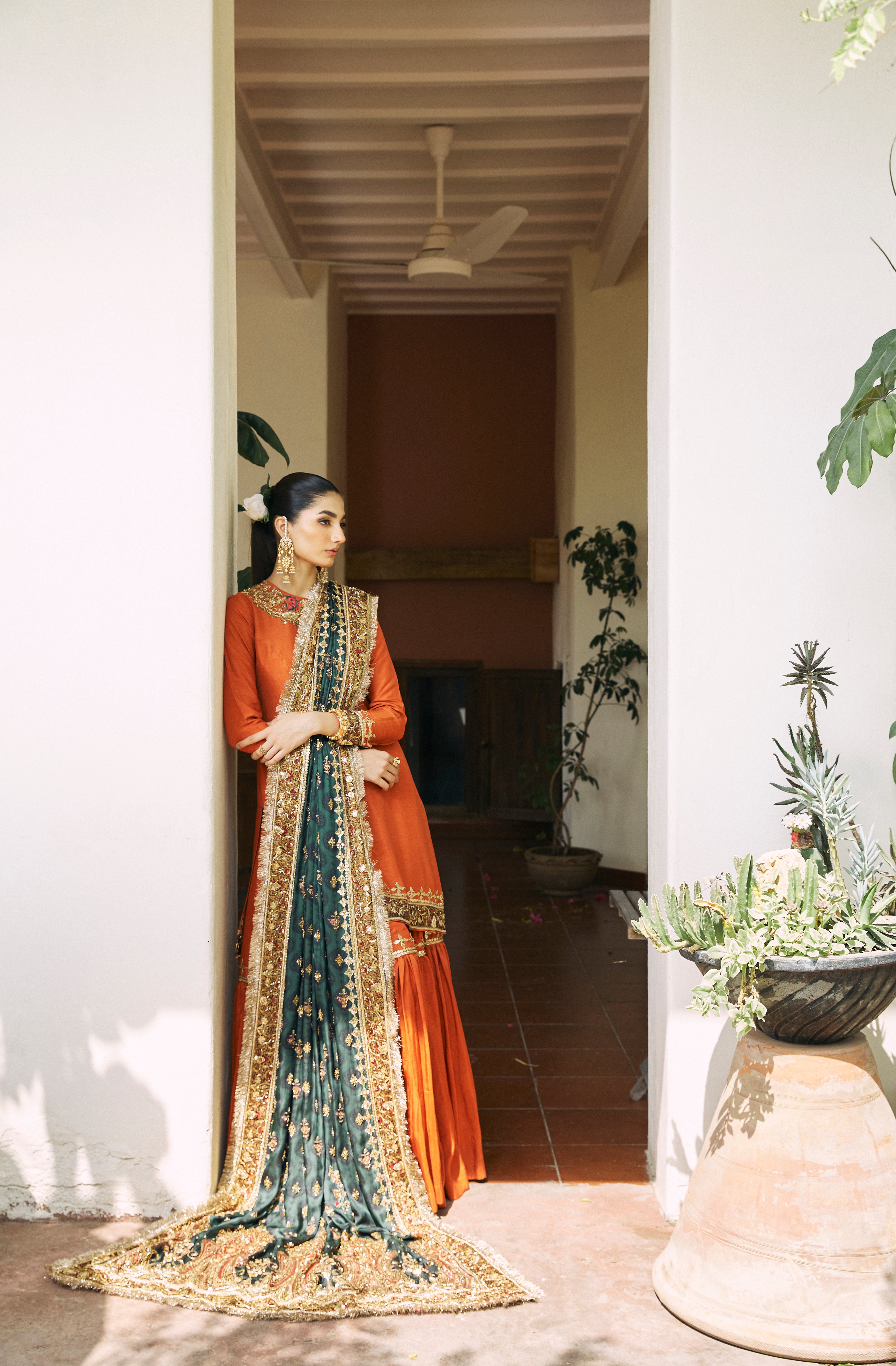 Burnt Orange Embroidered Korean Raw Silk Gharara (3-Piece) - Image 3