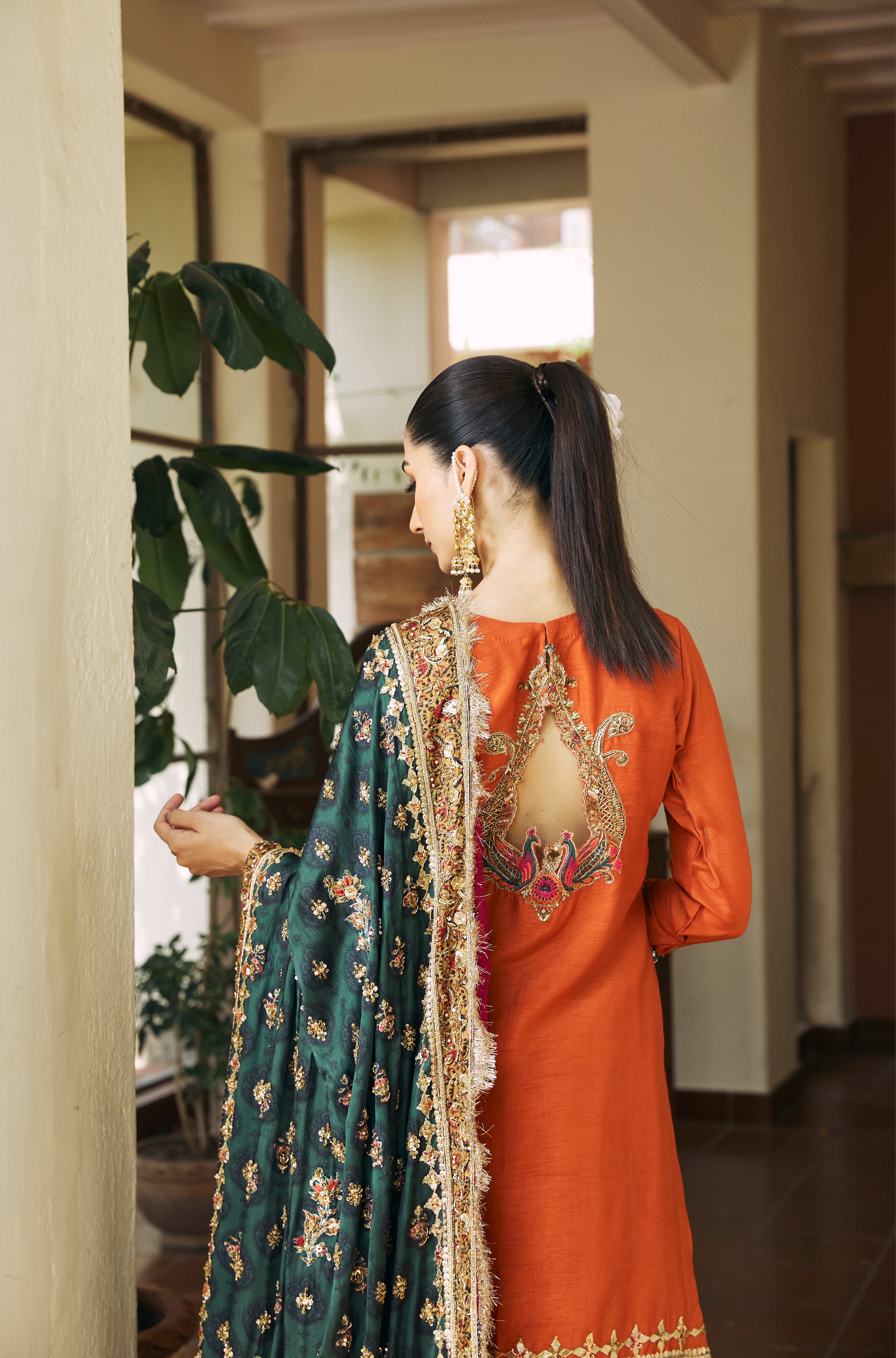 Burnt Orange Embroidered Korean Raw Silk Gharara (3-Piece) - Image 4