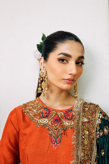 Burnt Orange Embroidered Korean Raw Silk Gharara (3-Piece) - Image 5