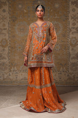 Orange Embroidered Organza & Jamawar Gharara (2-Piece) - Image 2