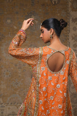 Orange Embroidered Organza & Jamawar Gharara (2-Piece) - Image 4