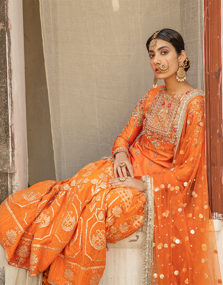 Pakistani Orange Hand-Embellished Silk Gharara Set (3-Piece) - Image 10