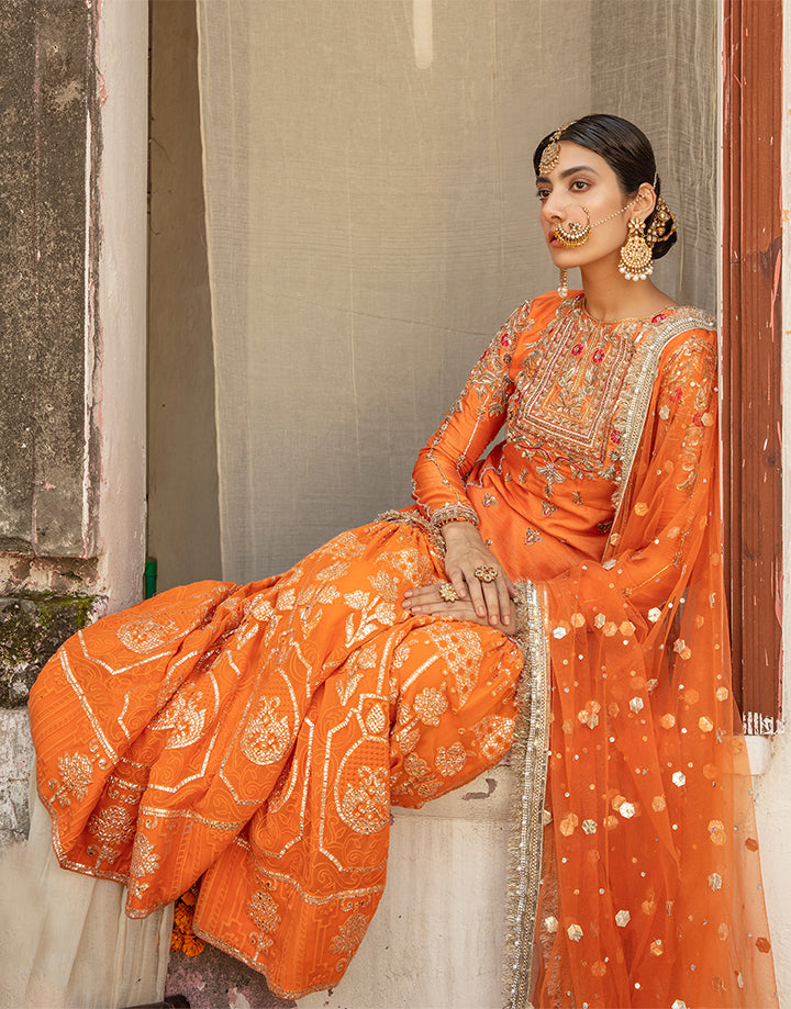 Pakistani Orange Hand-Embellished Silk Gharara Set (3-Piece) - Image 11