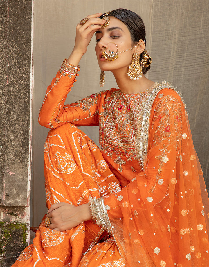 Pakistani Orange Hand-Embellished Silk Gharara Set (3-Piece) - Image 13