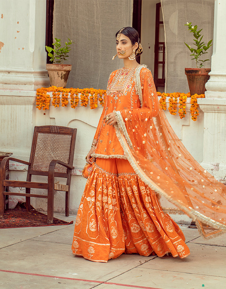 Pakistani Orange Hand-Embellished Silk Gharara Set (3-Piece) - Image 4