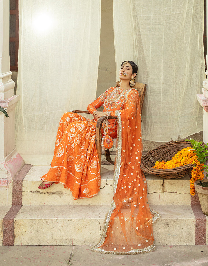 Pakistani Orange Hand-Embellished Silk Gharara Set (3-Piece) - Image 6