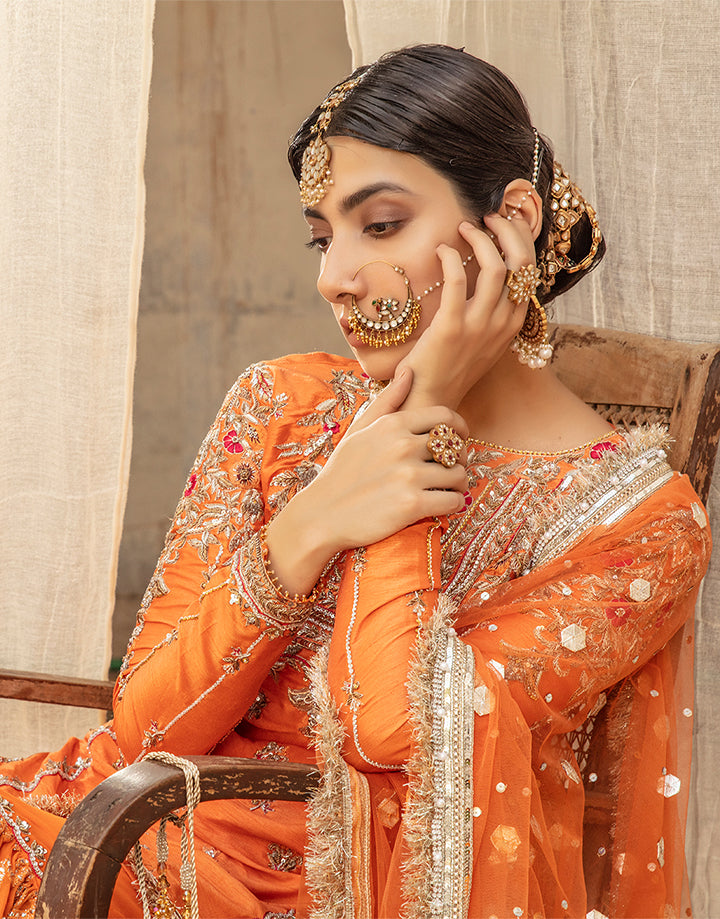 Pakistani Orange Hand-Embellished Silk Gharara Set (3-Piece) - Image 7