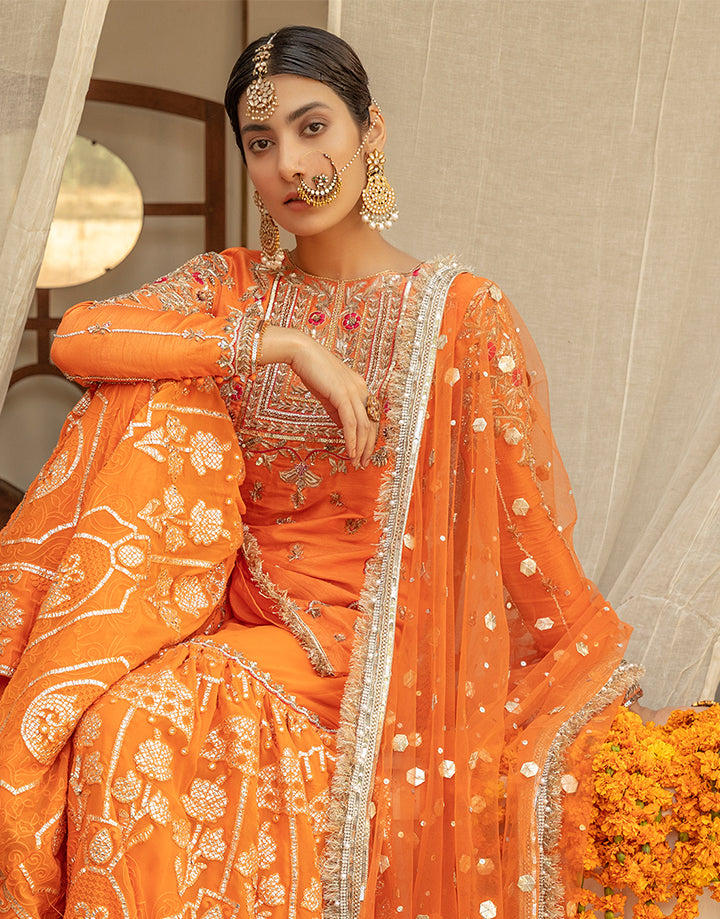 Pakistani Orange Hand-Embellished Silk Gharara Set (3-Piece) - Image 9