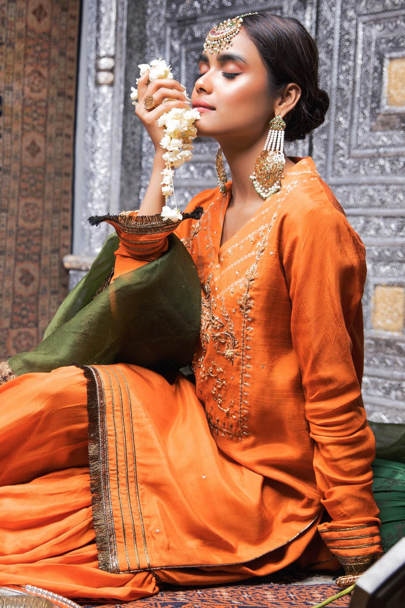 Pakistani Orange Embroidered PK Raw Silk Gharara Set (3-Piece) - Image 1