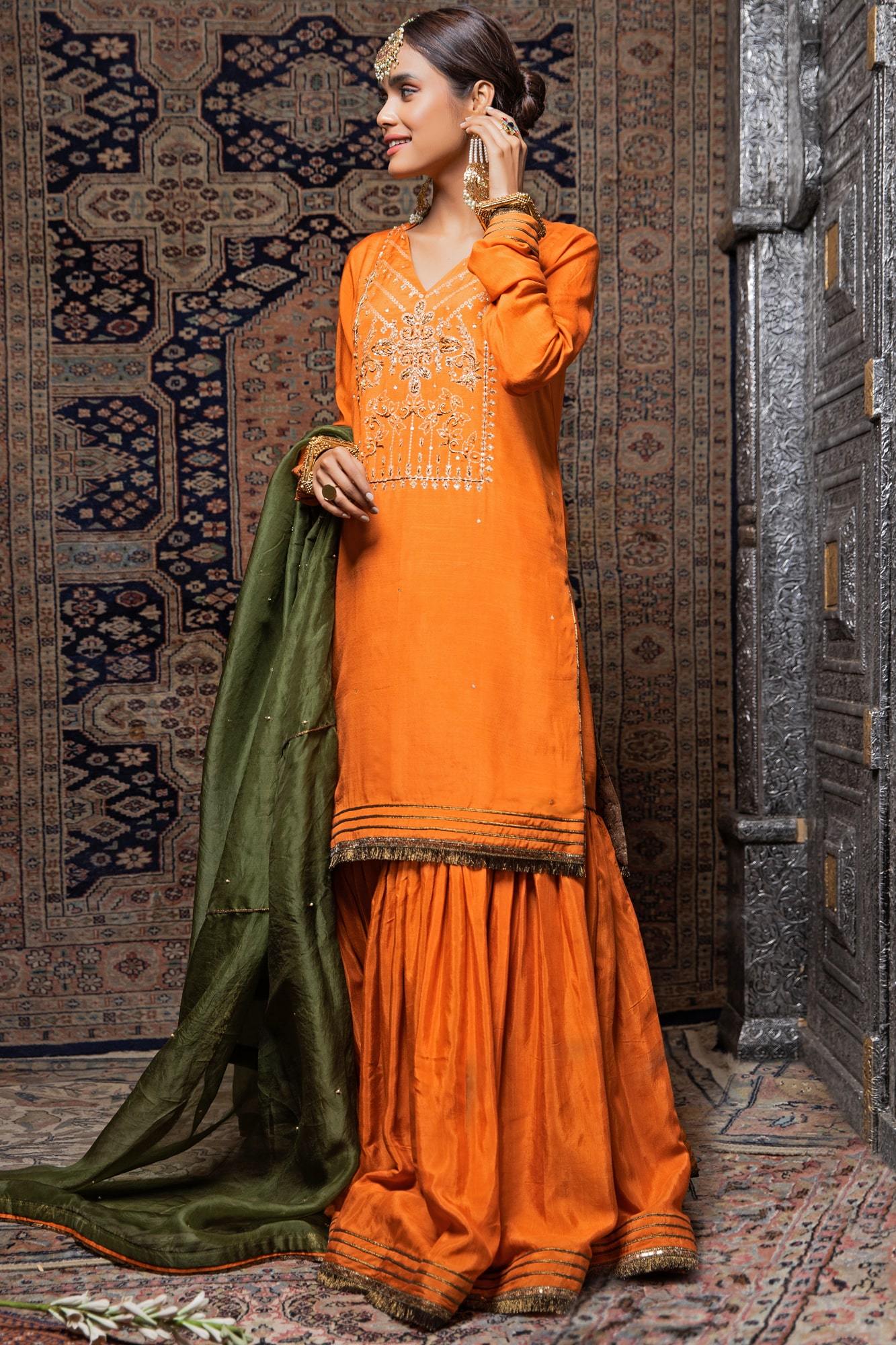 Pakistani Orange Embroidered PK Raw Silk Gharara Set (3-Piece) - Image 3