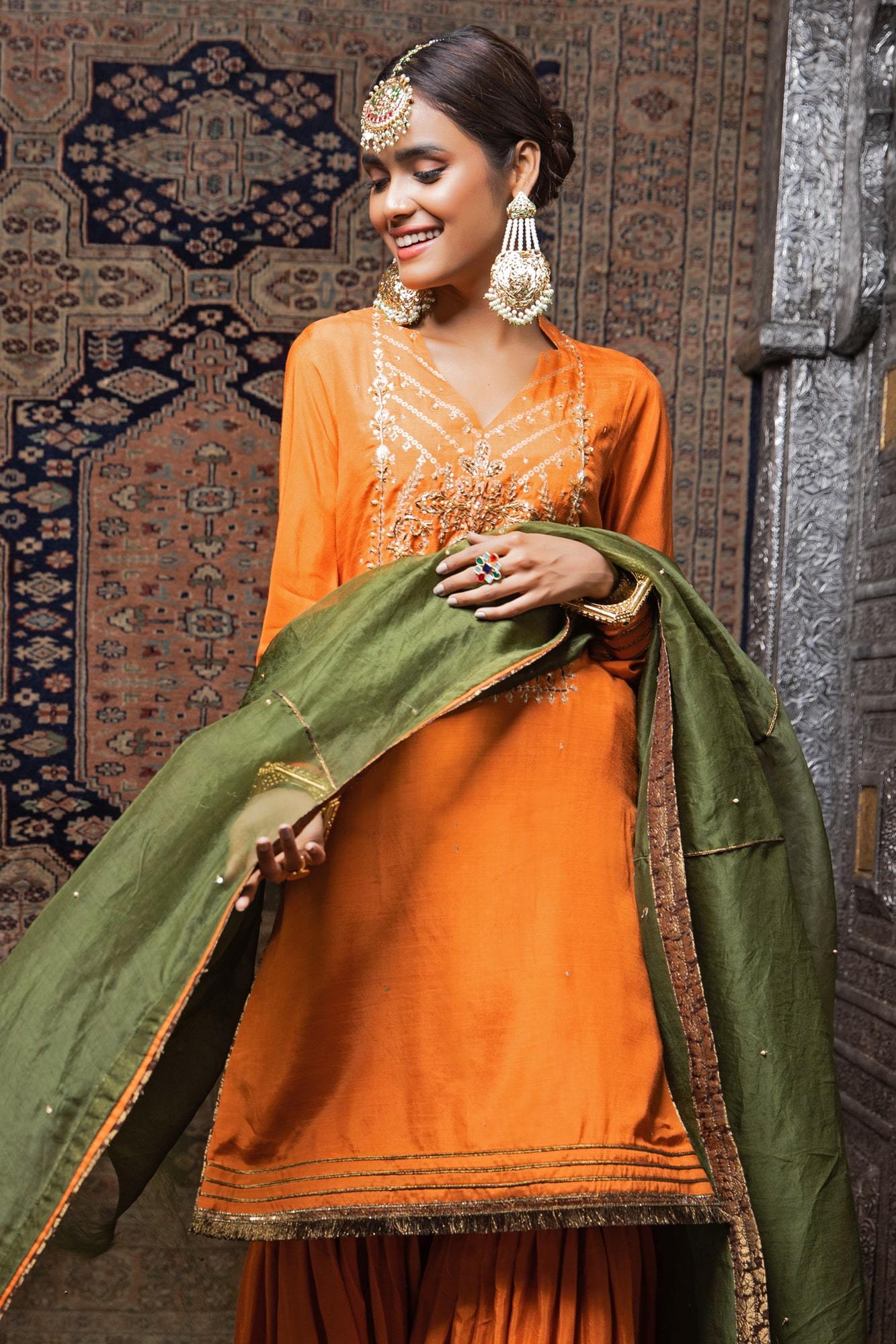 Pakistani Orange Embroidered PK Raw Silk Gharara Set (3-Piece) - Image 4