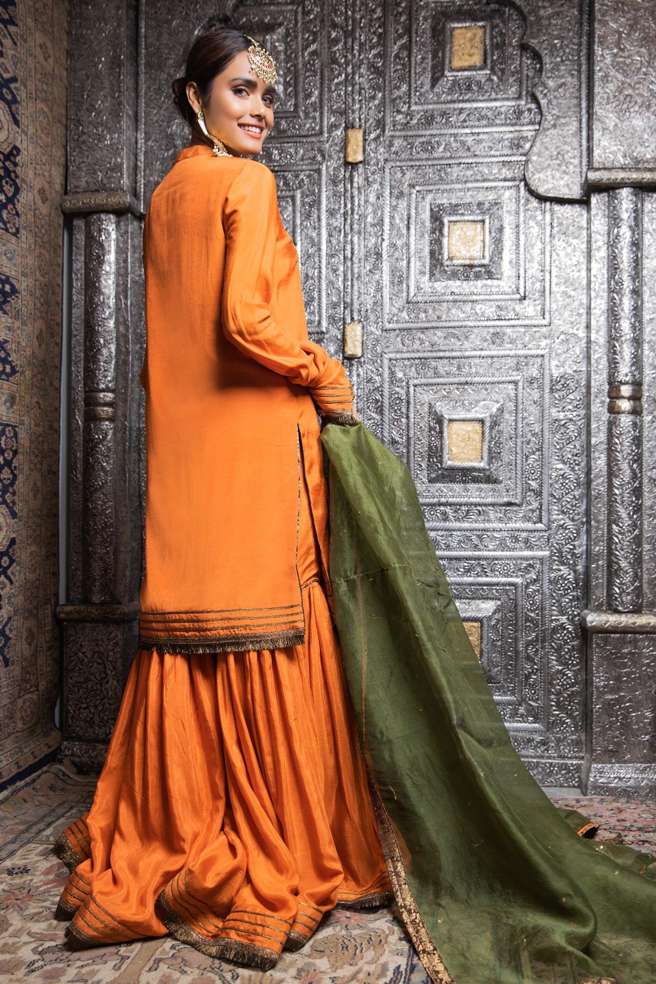 Pakistani Orange Embroidered PK Raw Silk Gharara Set (3-Piece) - Image 5